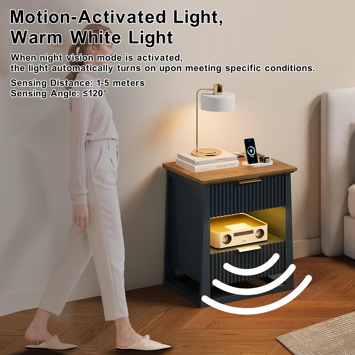 HIFYOBRO Fluted End Table Set of 2 with Charging Station and Motion Sensor Light, Modern Blue Side Tables with 2 Drawers and Storage Shelf for Living Room, Bedroom, Guest Room