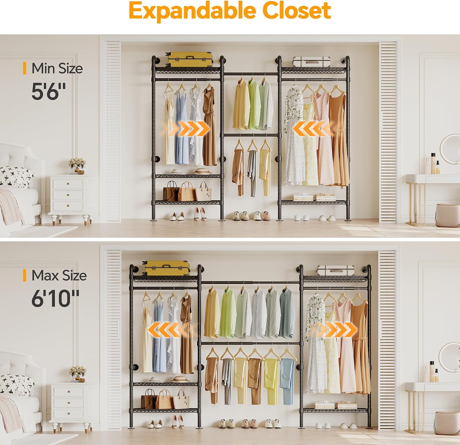 Higeego W3 Industrial Pipe Clothing Rack, Wall Mounted Clothes Rack Closet Wardrobe System with Expandable Hanger Rods Adjustable Storage Shelves, Heavy Duty Corner Walk-in Closet System, Black