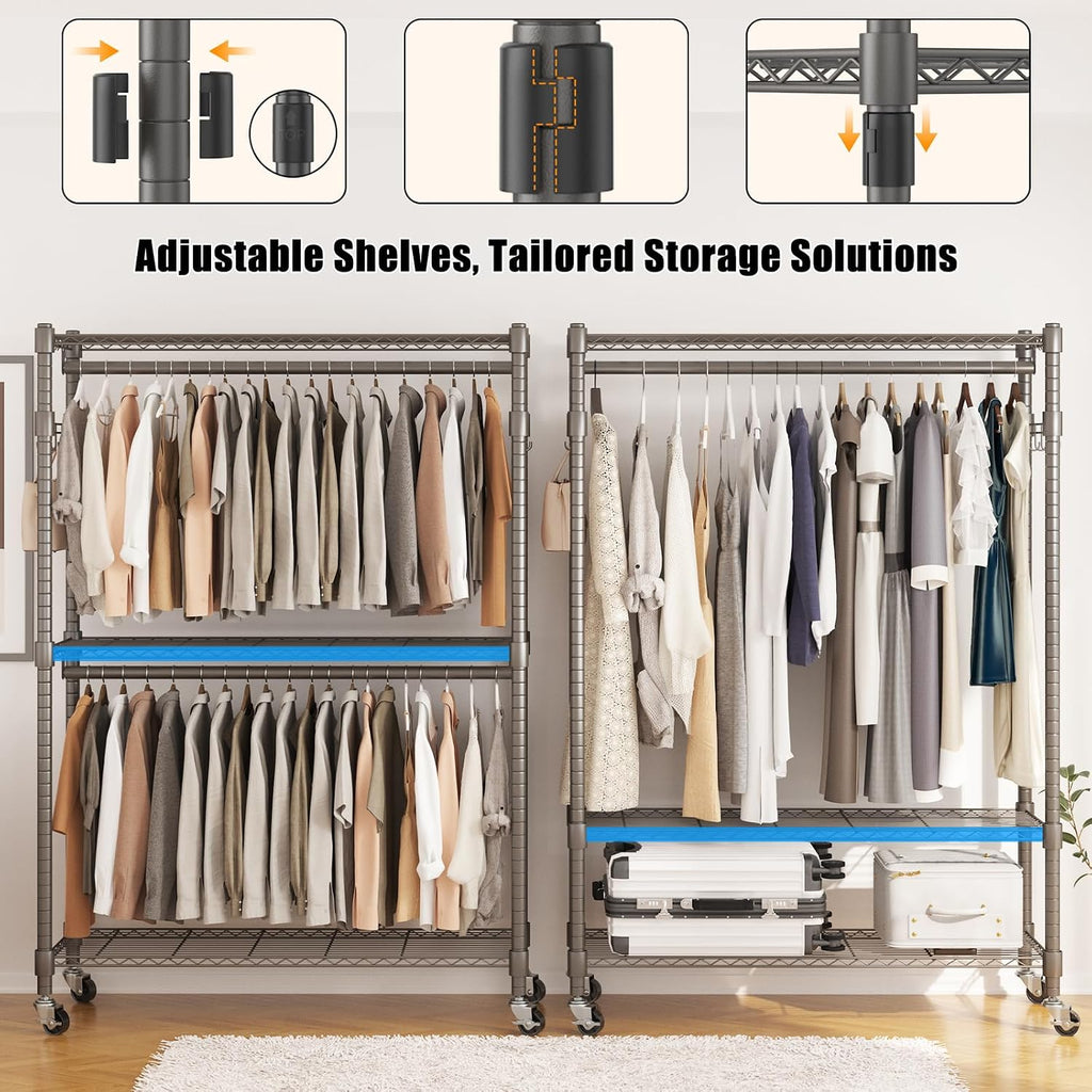 BATHWA Clothes Racks for Hanging Clothes, 25 mm tube Heavy Duty 47.3'W x 17.7'D x 80.7'H Large Wardrobe Rack with Shelves & Wheels Rolling Multifuctional for Bedroom Laundry Walk-in Closet Organizer