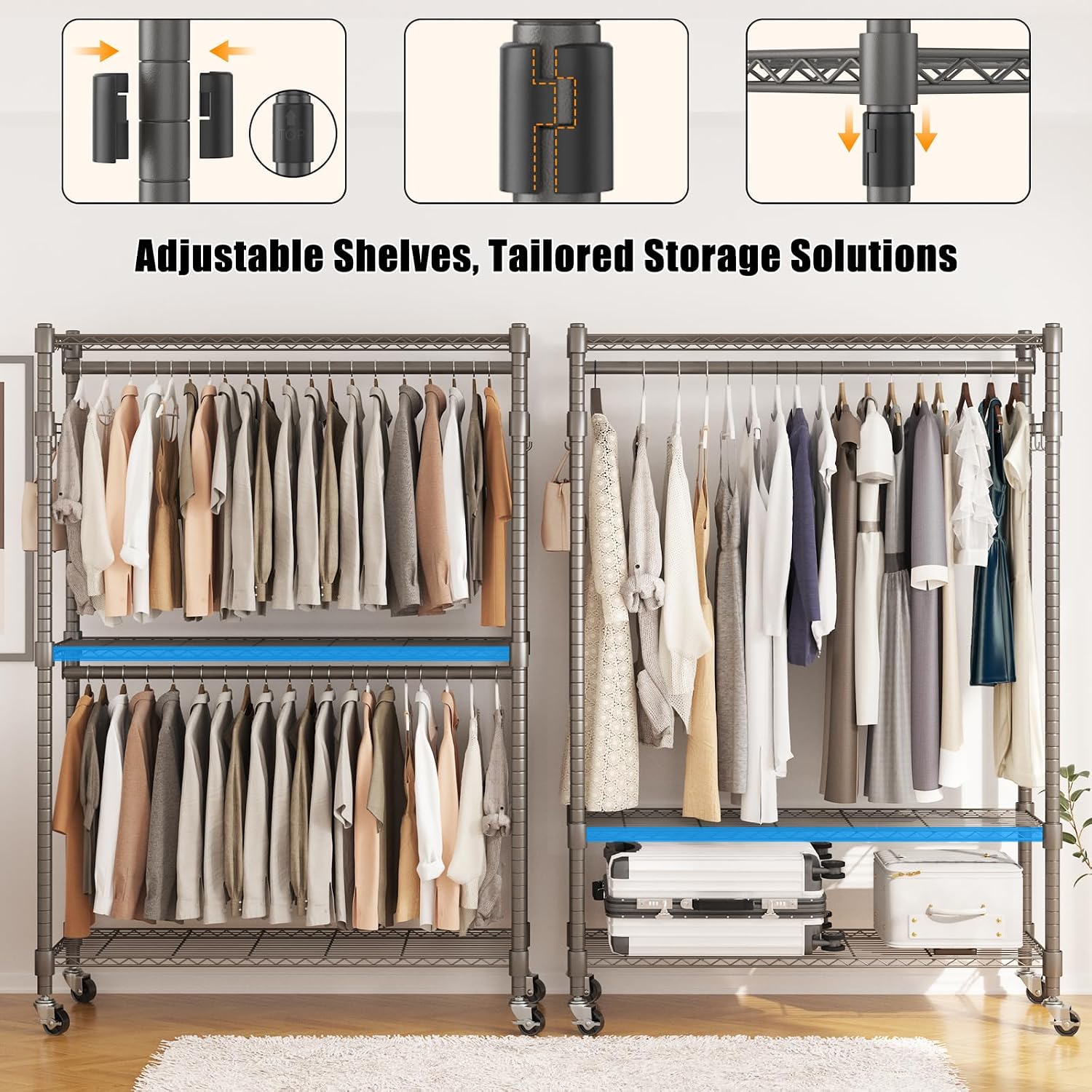 BATHWA Clothes Racks for Hanging Clothes, 25 mm tube Heavy Duty 47.3'W x 17.7'D x 80.7'H Large Wardrobe Rack with Shelves & Wheels Rolling Multifuctional for Bedroom Laundry Walk-in Closet Organizer