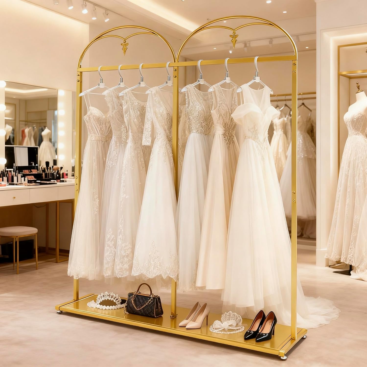 88' Tall Gold Clothing Garment Rack Hanging Long Dresses Racks | Double Rod Bridal Clothes Wedding Dress Rack Gown Shoes Bags Clothes Organizer for Home Boutique Retail Studio