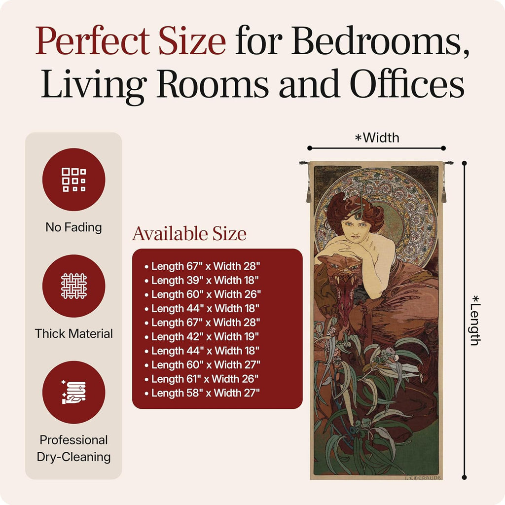 Charlotte Home Furnishings Inc - Mucha Emeraude Stone Belgian Premium Tapestry Wall Hanging | 44x18 in Viscose Polyester Blend Boho Vintage Woven Wall Tapestry for Home & Wall Art by Alphonse Mucha