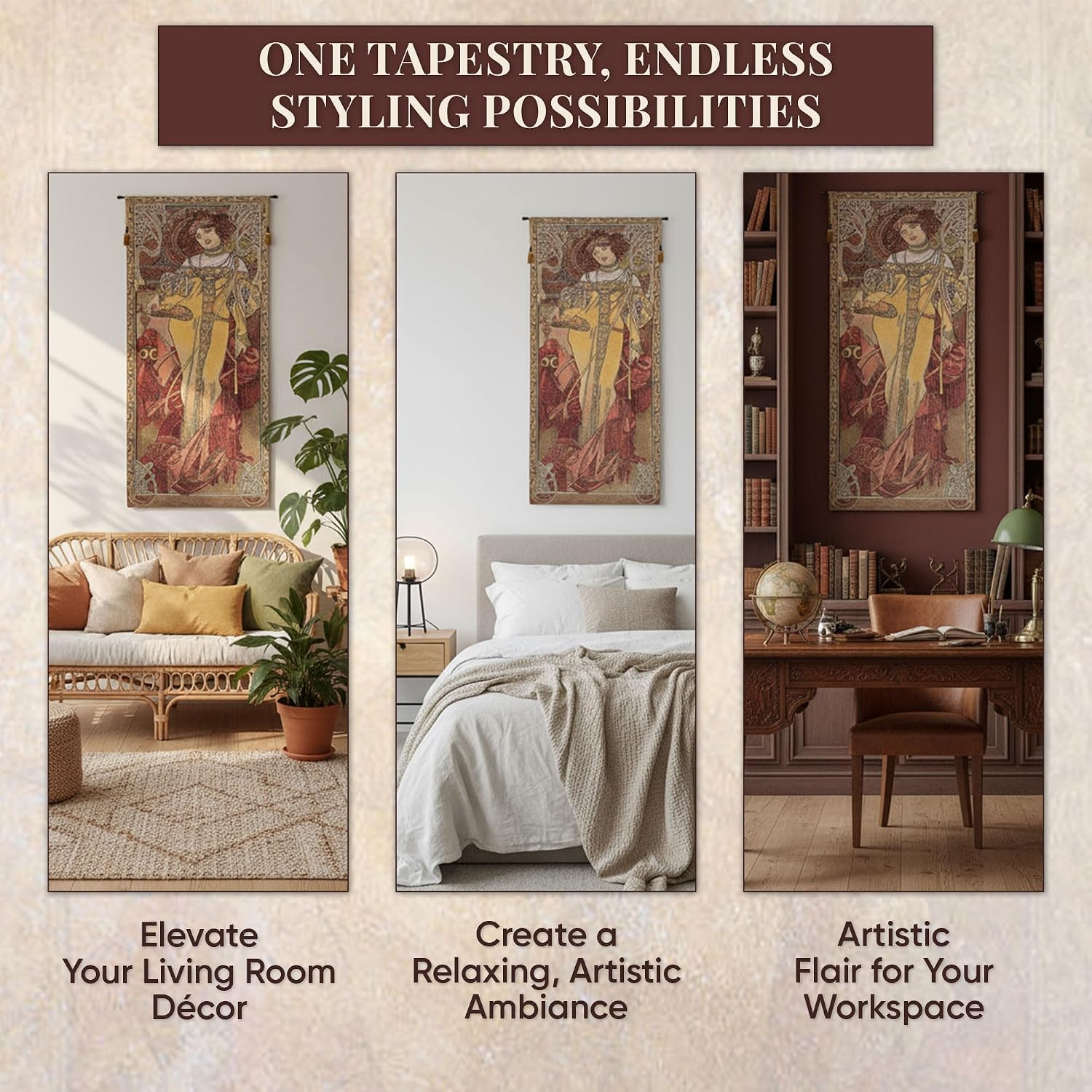 Charlotte Home Furnishings Inc - Mucha Autumn Belgian Premium Tapestry Wall Hanging | 39x18 in Viscose Polyester Blend Boho Vintage Woven Wall Tapestry for Home & Wall Art by Alphonse Mucha