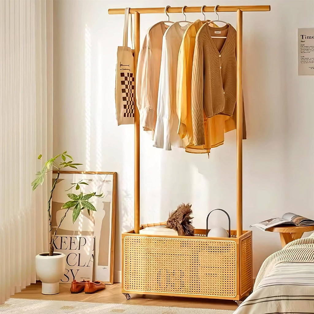 Bamboo Rolling Clothes Rack with Open Rattan Large Organizer, Garment Rack Stand Storage Box for Hanging Clothes, Natural Wood Wardrobe Shelves with Wheels for Entryway Bed Room (Creative Design)