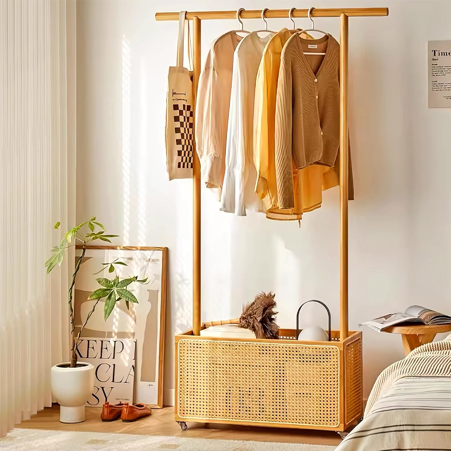 Bamboo Rolling Clothes Rack with Open Rattan Large Organizer, Garment Rack Stand Storage Box for Hanging Clothes, Natural Wood Wardrobe Shelves with Wheels for Entryway Bed Room (Creative Design)