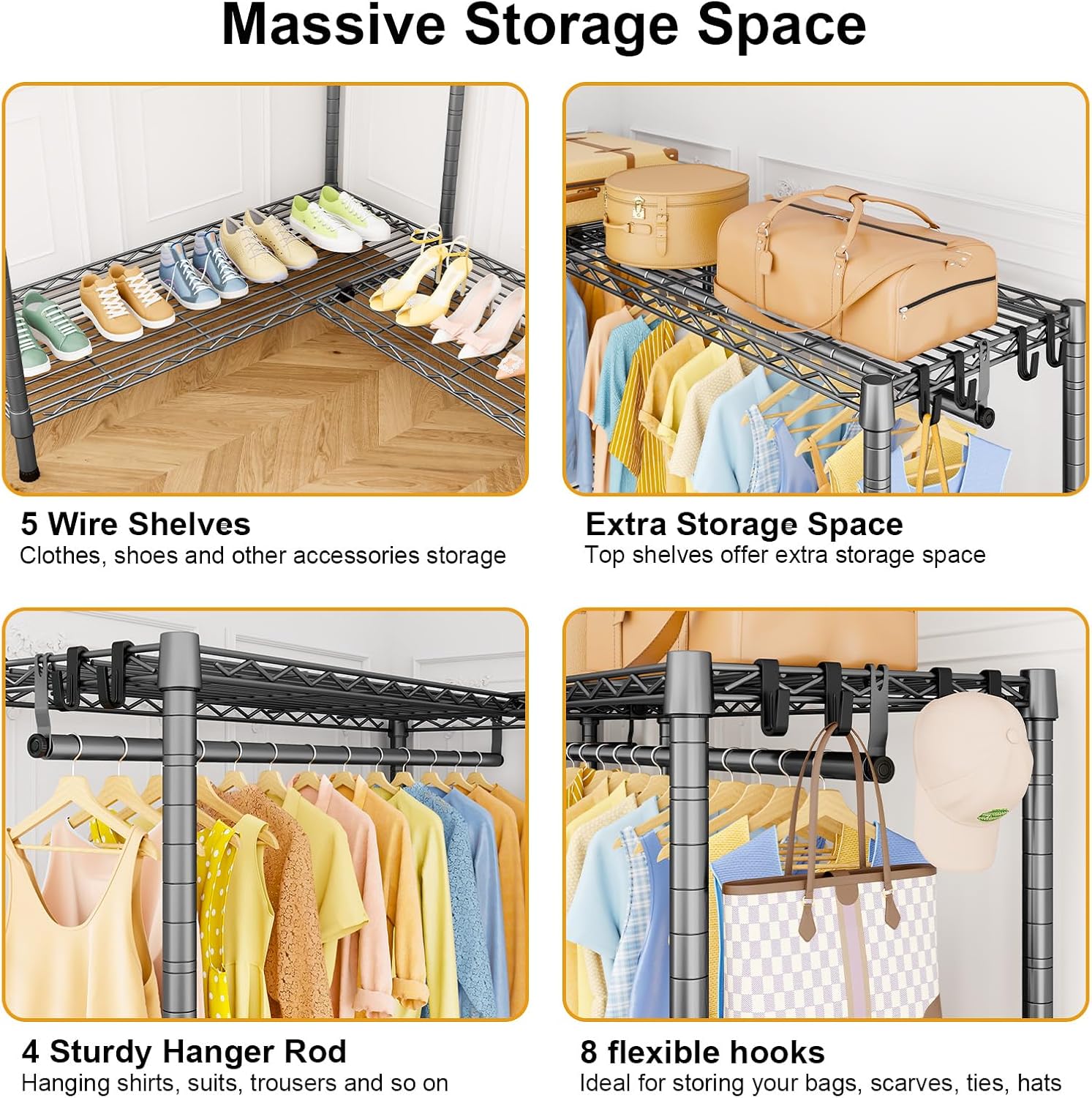 ULIFHOME E15 Pro Garment Rack L Shaped Clothes Rack for Corner，Freestanding Clothing Racks for Hanging Clothes，Heavy Duty Closet System with 4 Hanging Rods & 8 S Hooks，48.8'W x 15.8'D x 78.4'H，Grey
