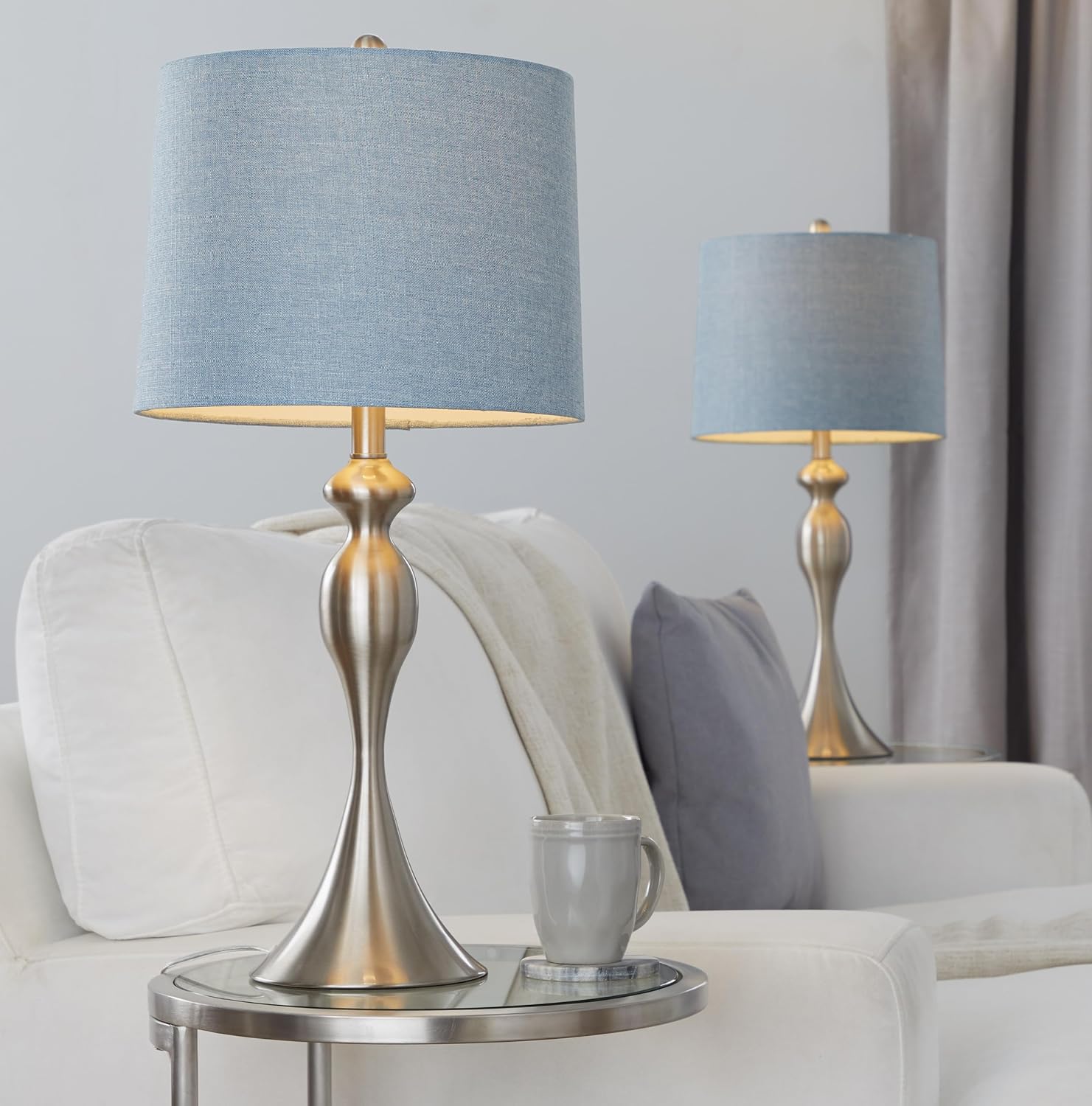 Ashland 27' Metal Table Lamps Set of 2, Desk Lamp, Bedside Lamps for Night Stands, Nightstand Lamp, Small Lamp, Small Table Lamps for Living Room Set of 2 (Brushed Nickel, Light Blue Linen)