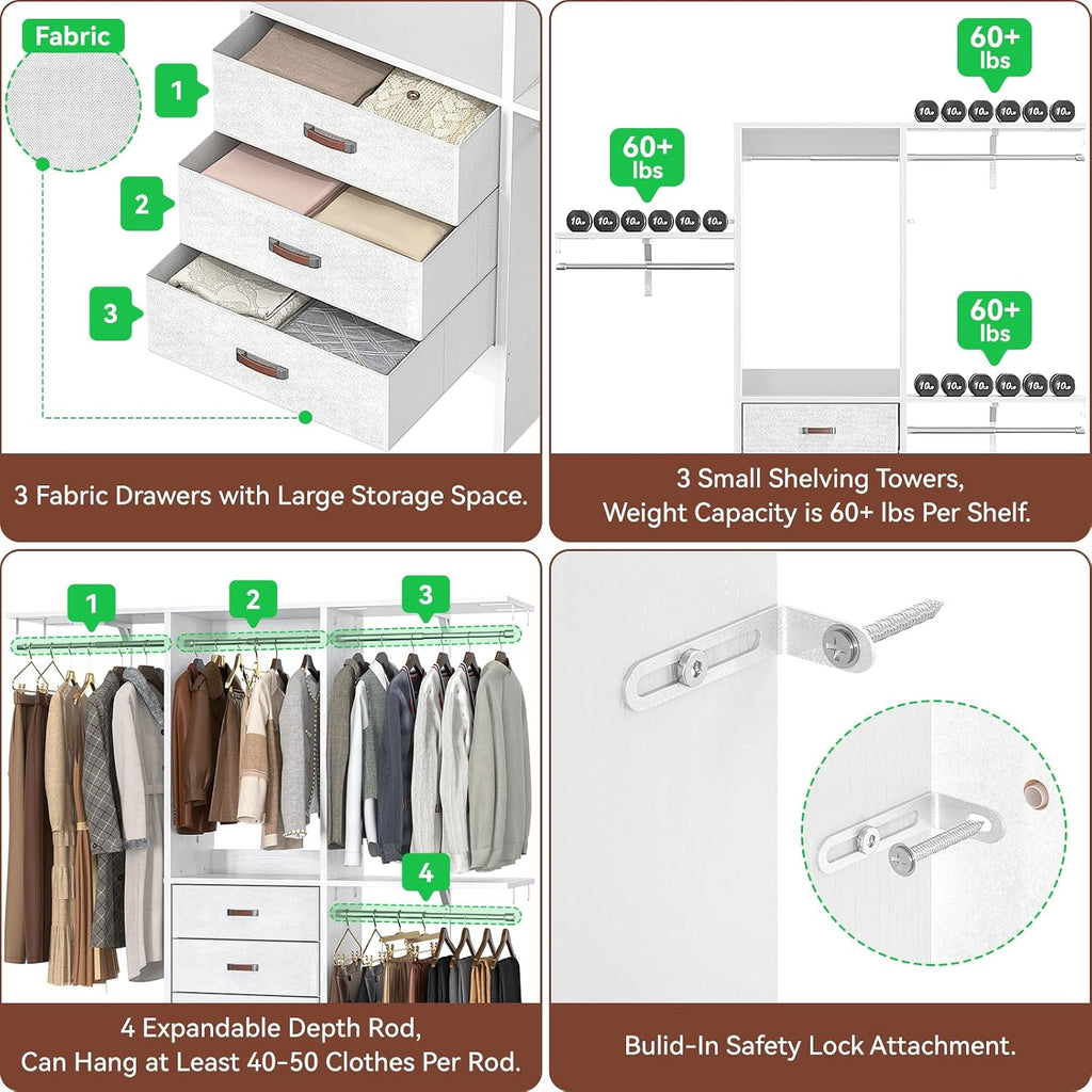 Armocity 5FT Small Closet System with 3 Fabric Drawers, 60 Inches Walk In Closet Organizer System With 3 Adjustable Shelves, Heavy Duty Clothes Rack Built-In Garment Rack, 59' L x 16' W x 71' H, White