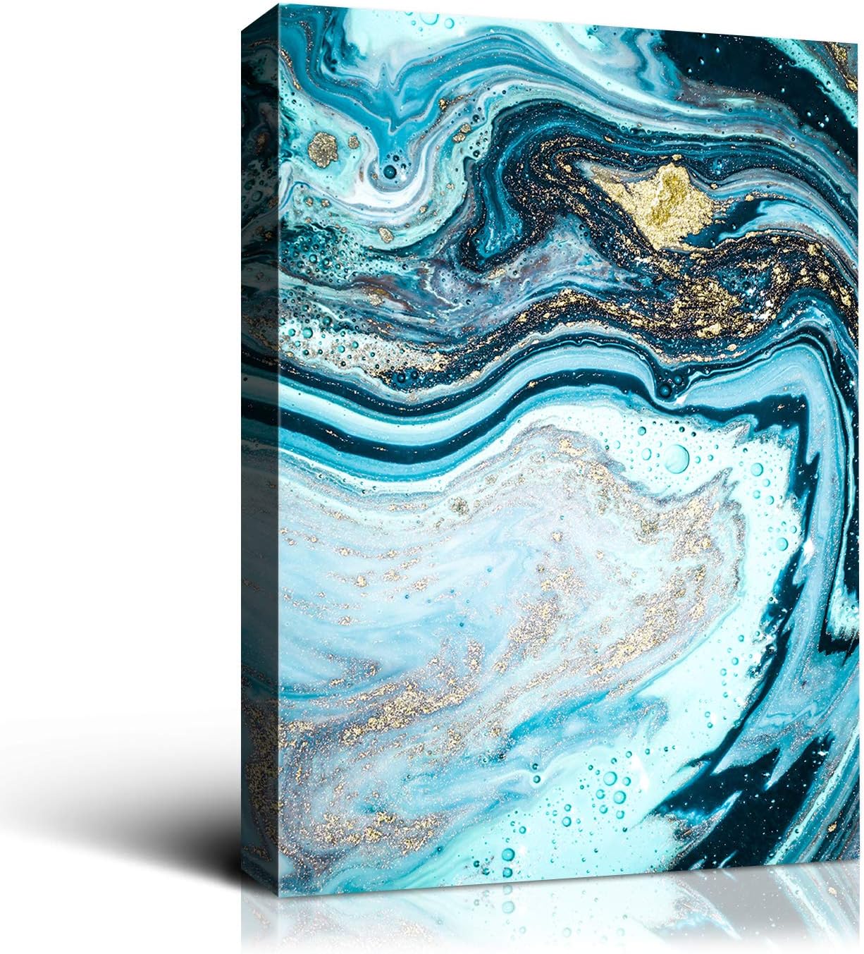 Denzoer Blue Texture and Gold Abstract Wall Art Modern Canvas Prints with Solid Wood Frame Wall Pictures for Home Decoration, Ready to Hang - 36x46 inches