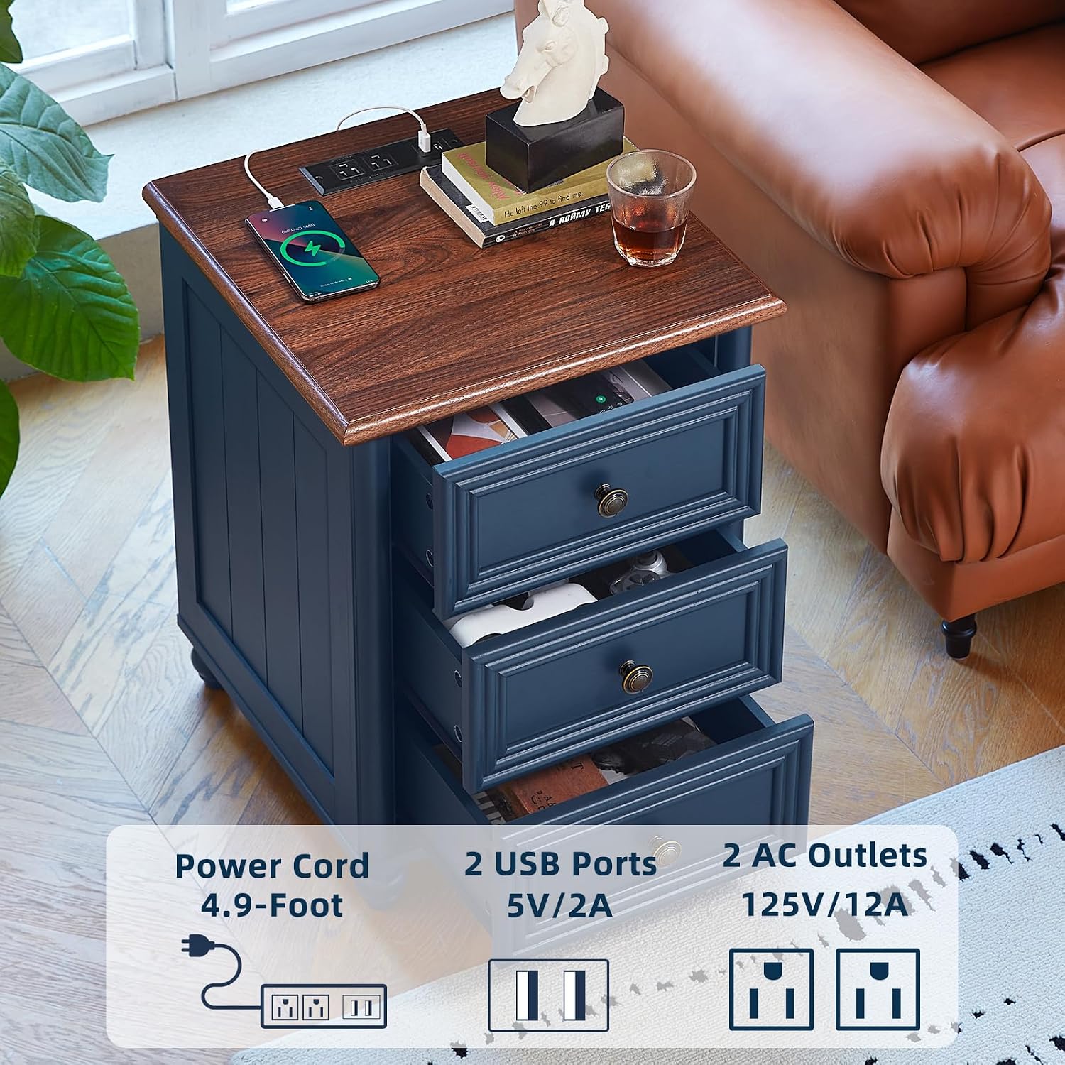 RWYHG 18' Farmhouse Nightstand with Charging Station and USB Port, Blue Night Stand with 3 Drawers, Wood Bedside End Table with Storage, Bed Side Tables for Bedroom Living Room and Closet