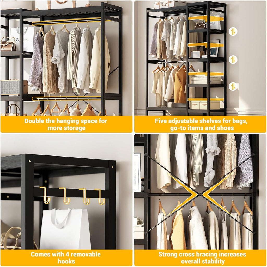 Homykic Closet System Set of 2, Bamboo Clothing Rack for Hanging Clothes with 14 Adjustable Shelves & 4 Rods, Freestanding Clothes Rack with 4 Hooks, Open Wardrobe Organizer Garment Rack, Dark Black