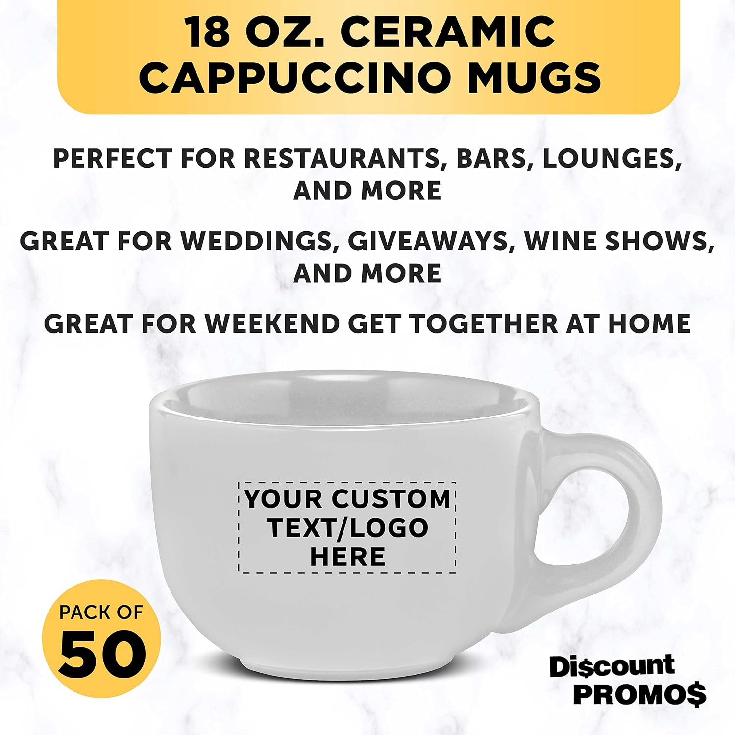 Custom Ceramic Cappuccino Mugs 18 oz. Set of 50, Personalized Bulk Pack - Perfect for Coffee, Tea, Espresso, Hot Cocoa, Other Beverages - White