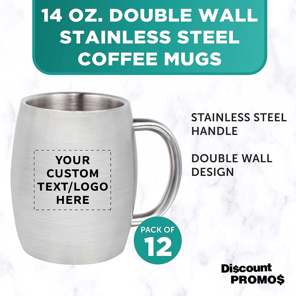 DISCOUNT PROMOS Custom Agnes Stainless Steel Mugs with Handle 14 oz. Set of 12, Personalized Bulk Pack - Double Wall, Perfect for Coffee, Beer, Other Hot & Cold Beverages - Silver