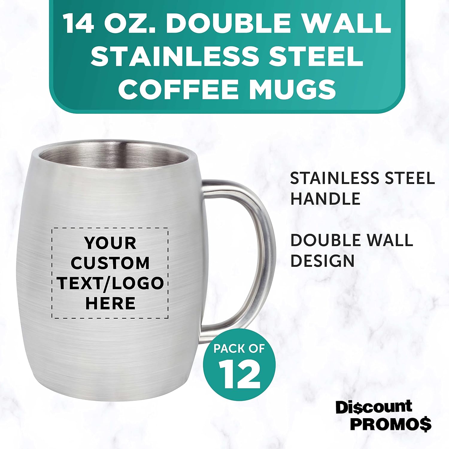 DISCOUNT PROMOS Custom Agnes Stainless Steel Mugs with Handle 14 oz. Set of 12, Personalized Bulk Pack - Double Wall, Perfect for Coffee, Beer, Other Hot & Cold Beverages - Silver