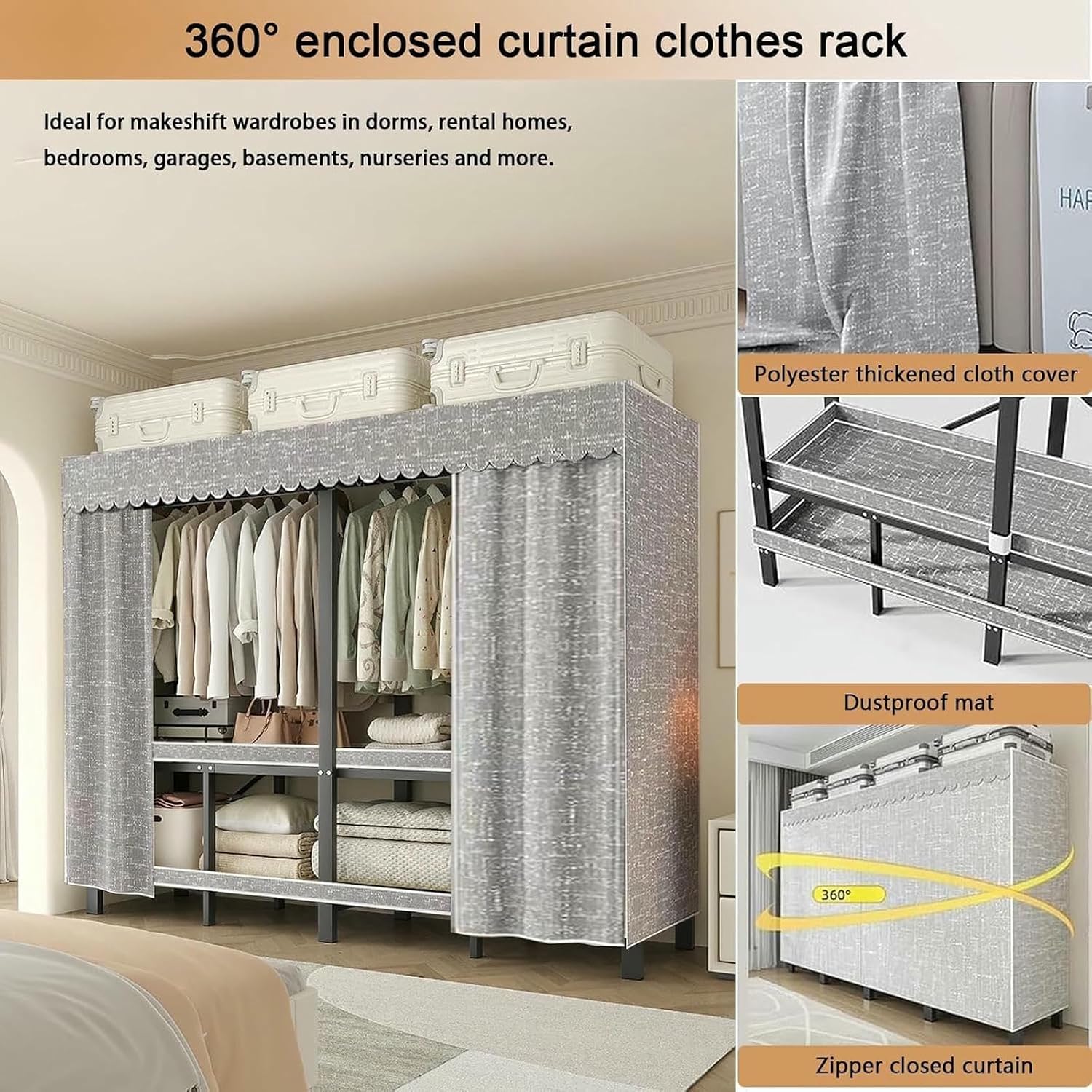 Metal Wardrobe Rack - Heavy Duty Foldable Wardrobe Closet with Cover 1200lbs Garment Rack for Hanging Clothes Covered Clothing Coat Storage Organizer