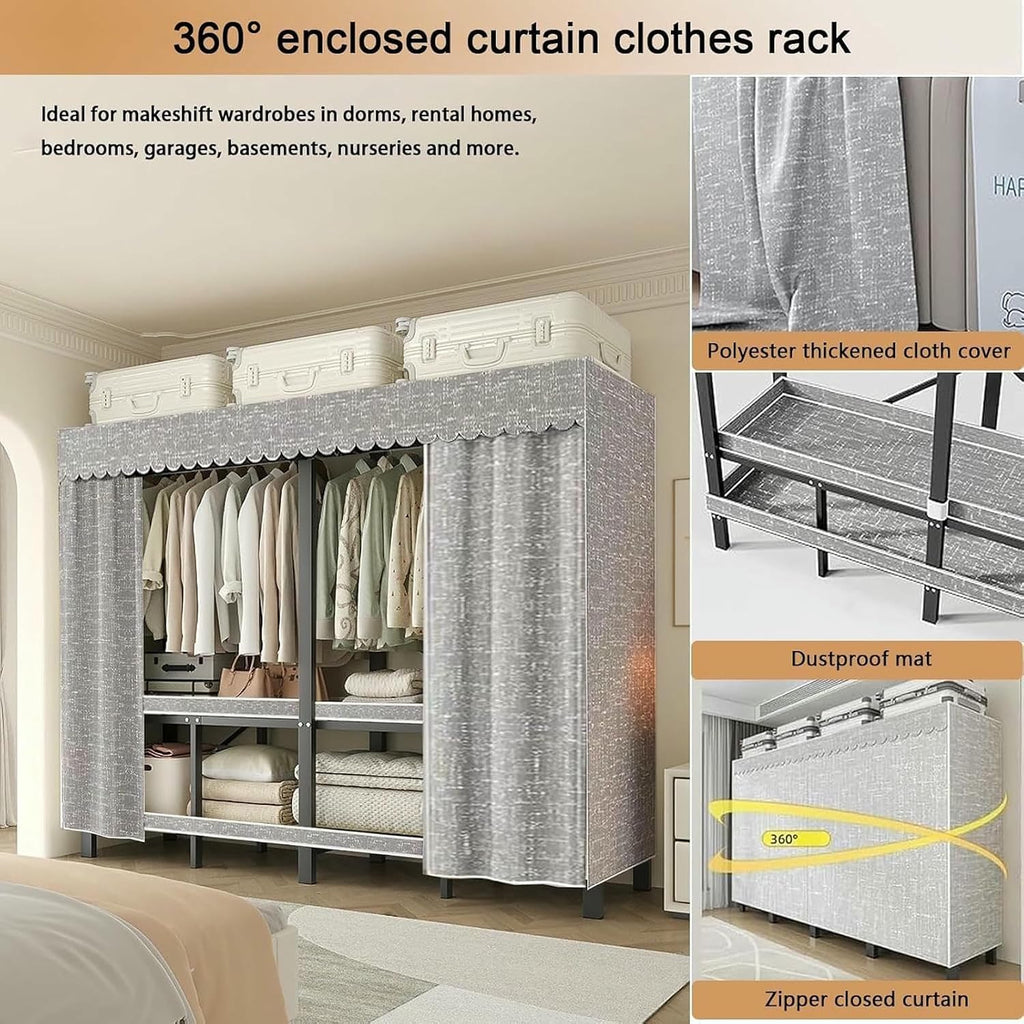 Metal Wardrobe Rack - Heavy Duty Foldable Wardrobe Closet with Cover 1200lbs Garment Rack for Hanging Clothes Covered Clothing Coat Storage Organizer