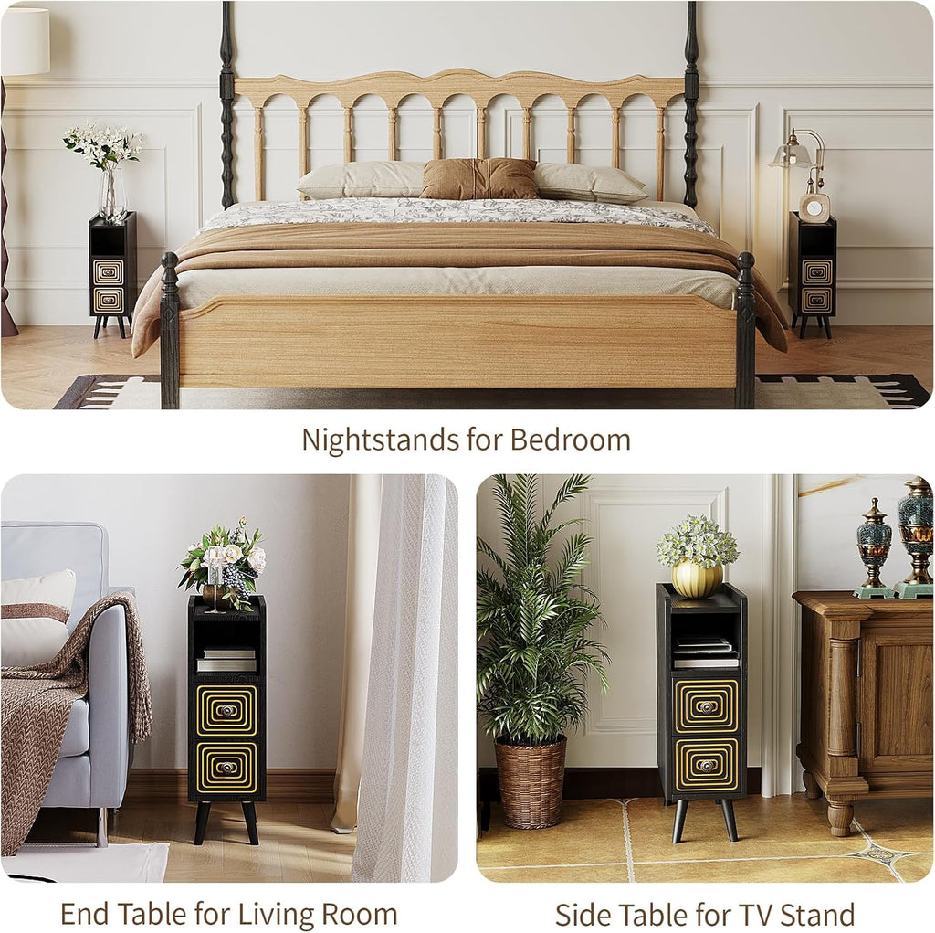 Nightstands Set of 2,Night Stand Bed Side Table with Storage Space,Wooden Bedside Table with Open Shelf,2 Drawers,End Table with Solid Wood Feet for Bedroom,College Dorm,Entryway (Black)