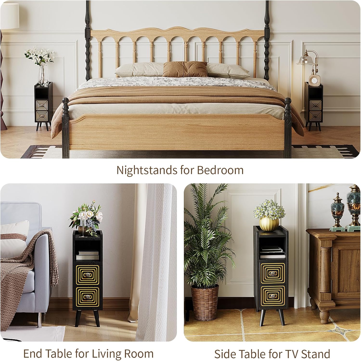 Nightstands Set of 2,Night Stand Bed Side Table with Storage Space,Wooden Bedside Table with Open Shelf,2 Drawers,End Table with Solid Wood Feet for Bedroom,College Dorm,Entryway (Black)