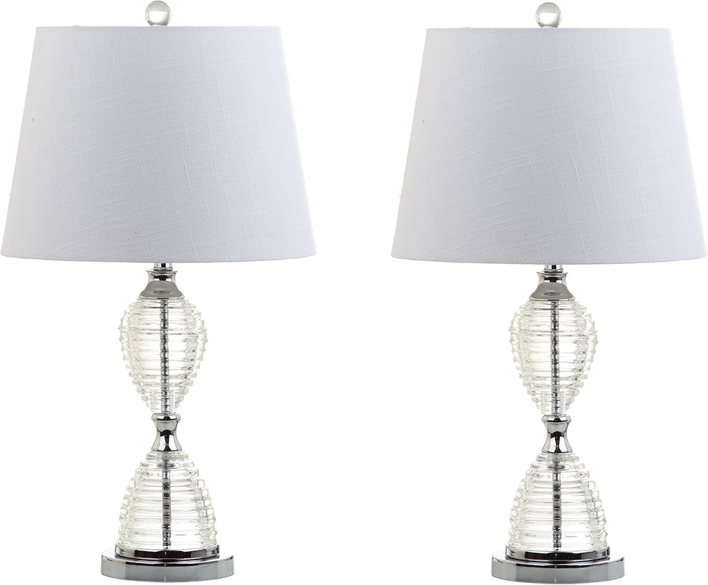 JONATHAN Y 24' Clear Crystal LED Table Lamp Set of 2, Glam Hourglass Bedside Lamps for Living Room Bedroom, White Linen Shade, Chrome Finish, LED Bulbs Included JYL2045A-SET2