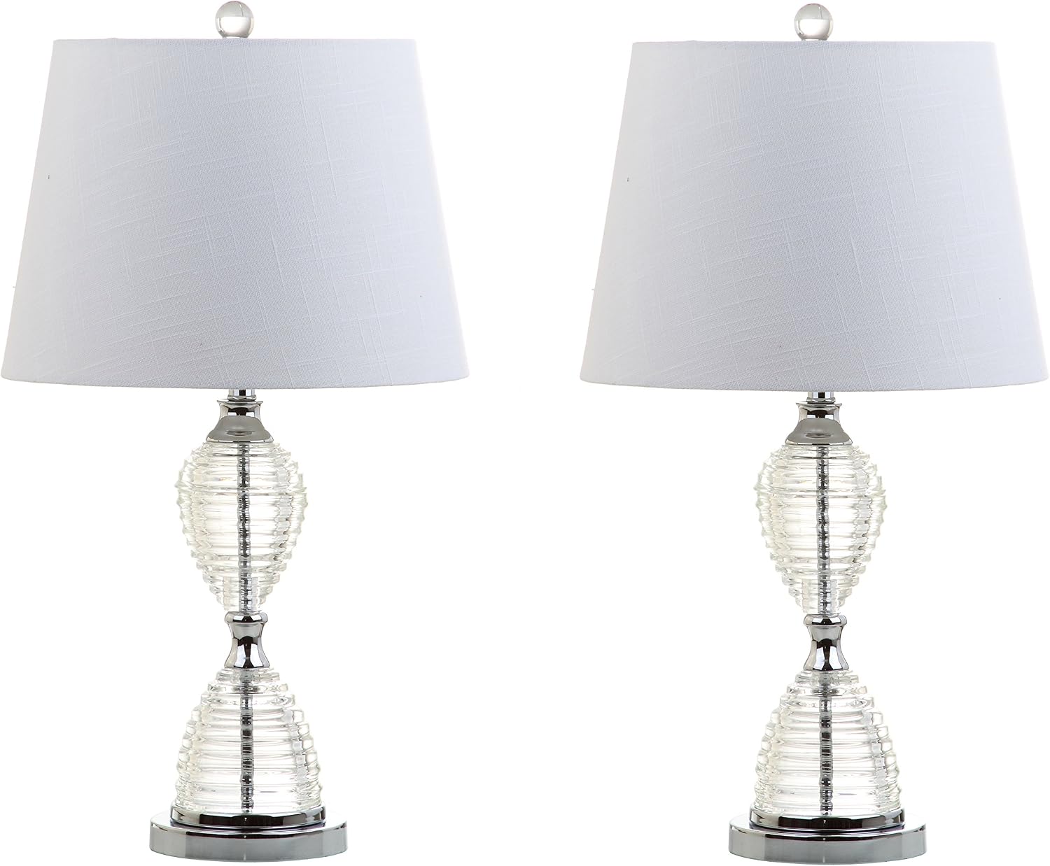 JONATHAN Y 24' Clear Crystal LED Table Lamp Set of 2, Glam Hourglass Bedside Lamps for Living Room Bedroom, White Linen Shade, Chrome Finish, LED Bulbs Included JYL2045A-SET2