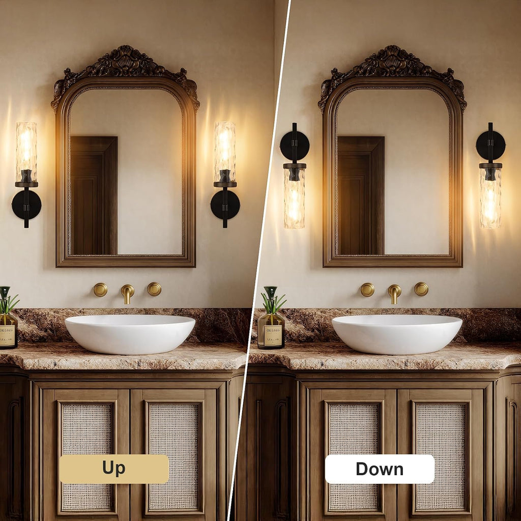 15' Knurled Brass Wall Sconces Set of 2, Black Gold Bathroom Vanity Light Fixtures with Water Ripples Glass Tube, Modern Lamp Lighting for Bedroom, Living Room, Hallway, Staircase, Mirror, Kitchen
