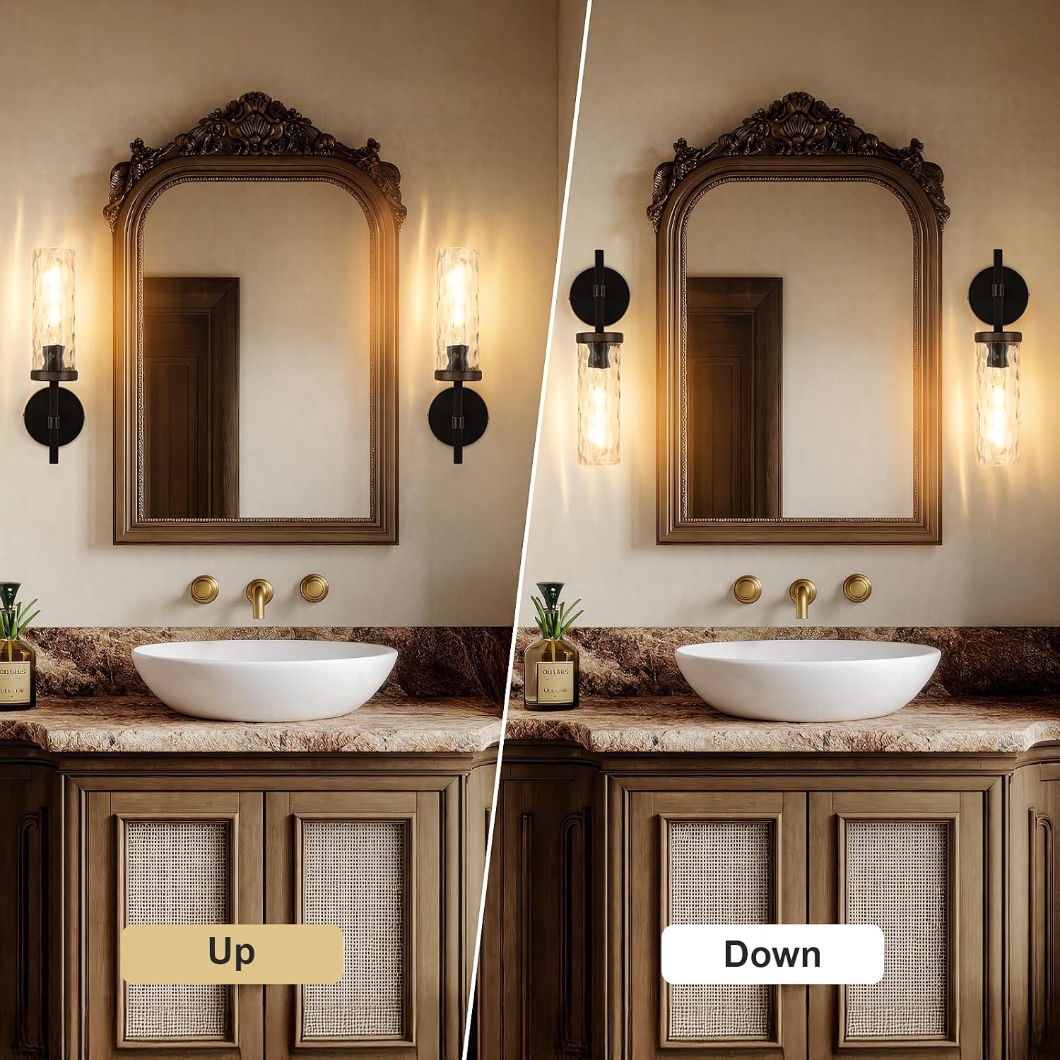 15' Knurled Brass Wall Sconces Set of 2, Black Gold Bathroom Vanity Light Fixtures with Water Ripples Glass Tube, Modern Lamp Lighting for Bedroom, Living Room, Hallway, Staircase, Mirror, Kitchen