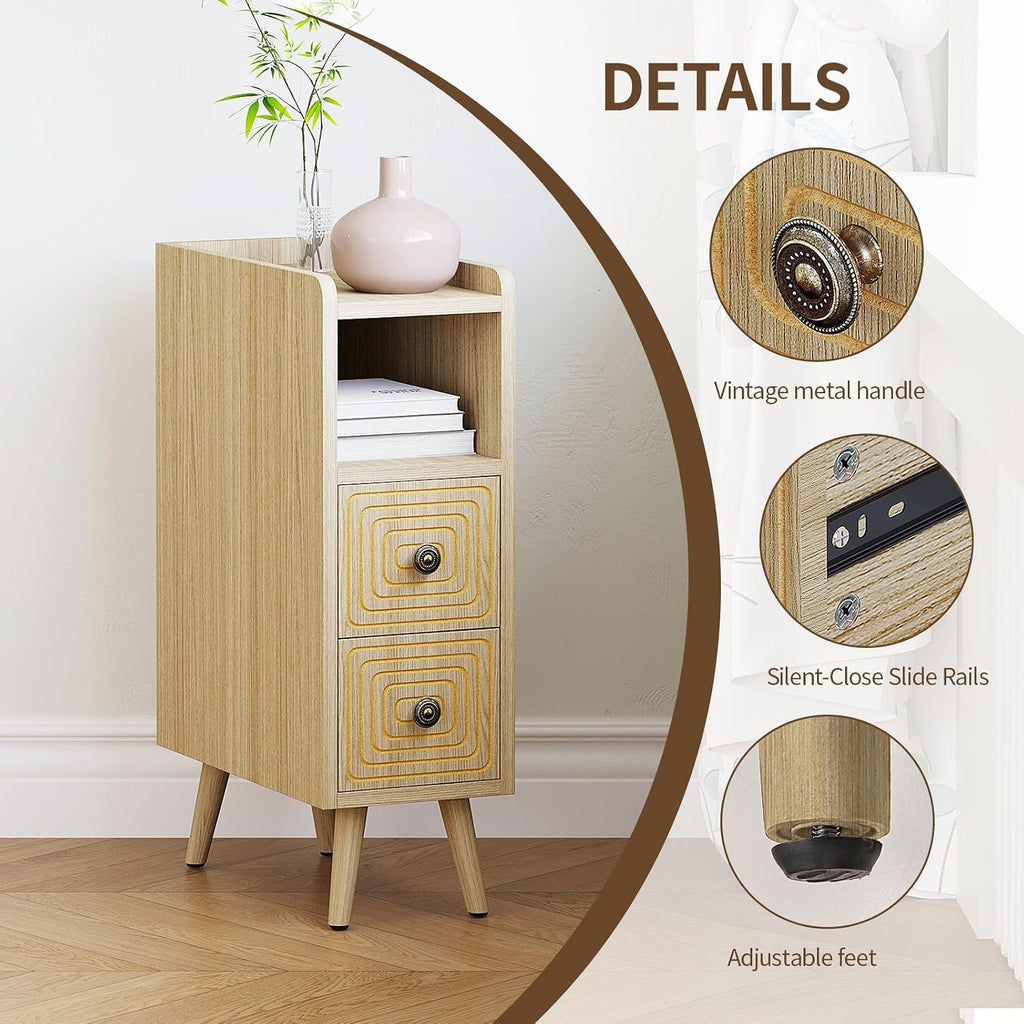 Nightstands Set of 2,Night Stand Bed Side Table with Storage Space,Wooden Bedside Table with Open Shelf,2 Drawers,End Table with Solid Wood Feet for Bedroom,College Dorm,Entryway (Natural)