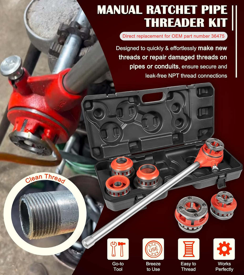 36475 12-R Manual Exposed Ratchet Pipe Threader Set with 6 NPT Die Heads, 1/2' - 2' NPT Portable Ratcheting Pipe Threading Tool Kit with Storage Case for 1/8' to 2' Plumbing Installation and Repair