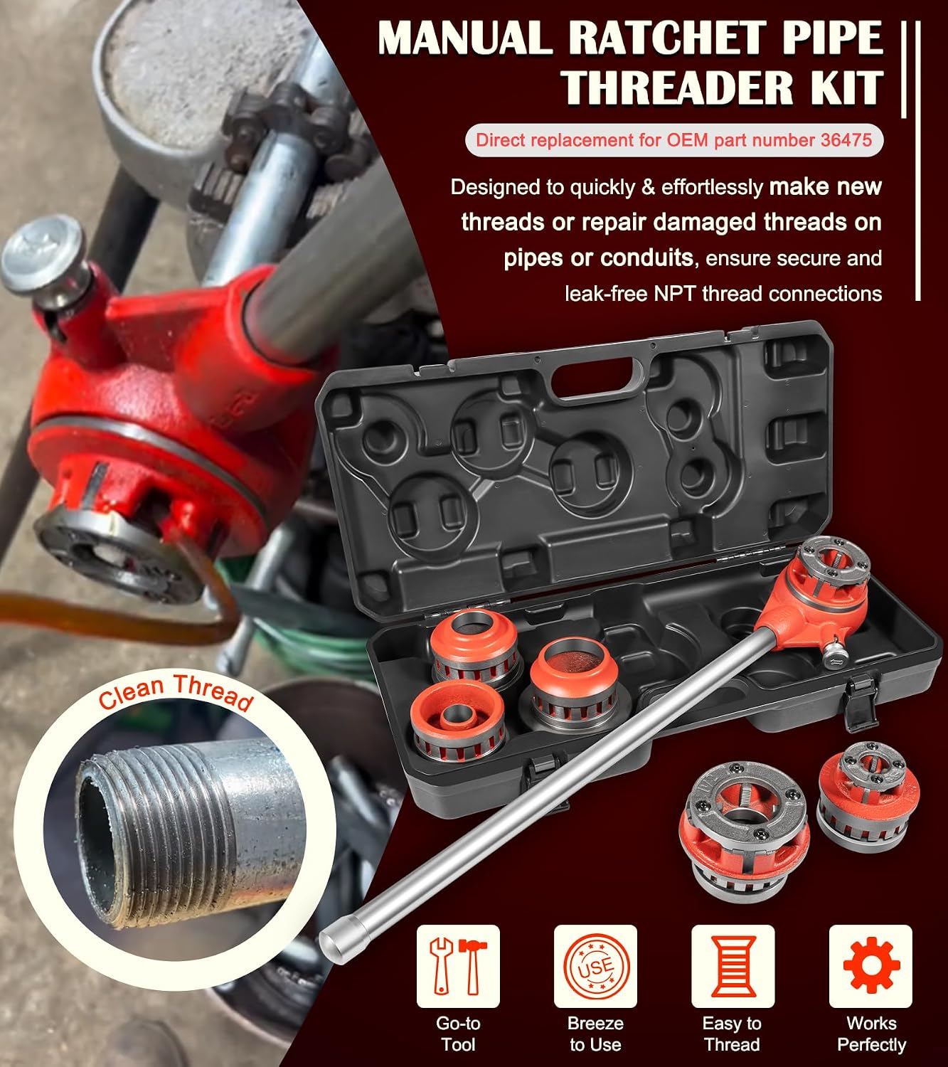36475 12-R Manual Exposed Ratchet Pipe Threader Set with 6 NPT Die Heads, 1/2' - 2' NPT Portable Ratcheting Pipe Threading Tool Kit with Storage Case for 1/8' to 2' Plumbing Installation and Repair