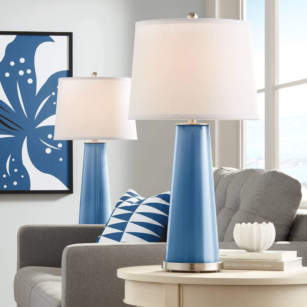 Color + Plus Leo Modern Table Lamps 29 1/2' Tall Set of 2 Regatta Blue Glass Tapered Column Plain White Drum Shade Decor for Bedroom Living Room House Home Bedside Nightstand Office Family