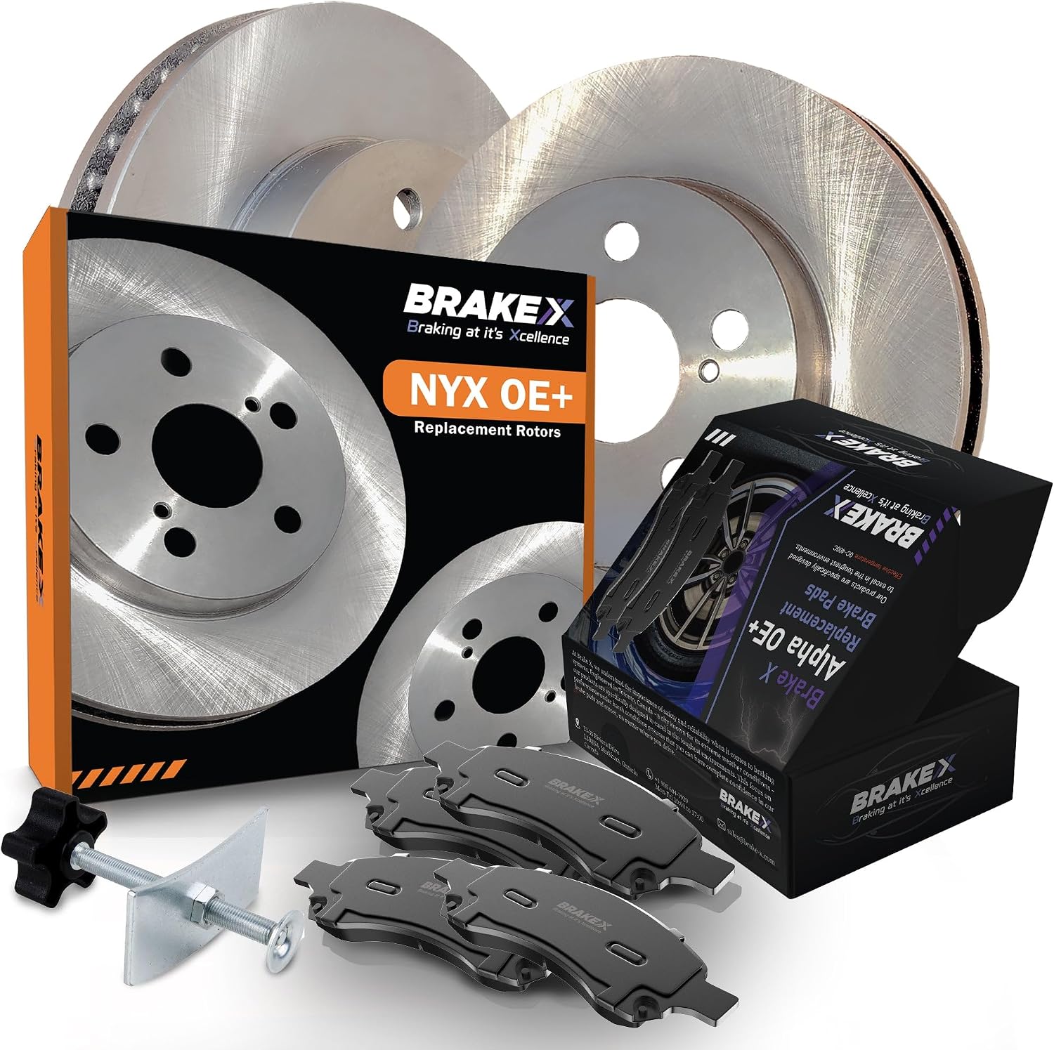 Brake X Rear Brake Pads and Rotors Kit with brake caliper compression tool replacement for 2006-2008 LINCOLN MARK LT | NYX OE+ Rotors and Alpha Ceramic Brake Pads