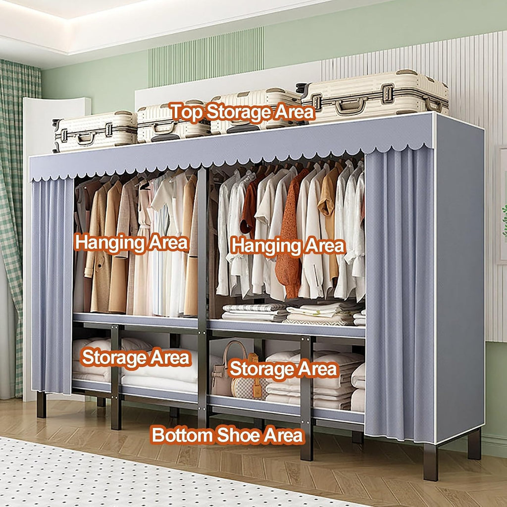 Foldable Closet Wardrobe, Garment Racks For Hanging Clothes, Heavy-Duty Clothe Rack With Cover, Metal Covered Clothing Rack, Freestanding Coat Armoire Storage(A,130cm)