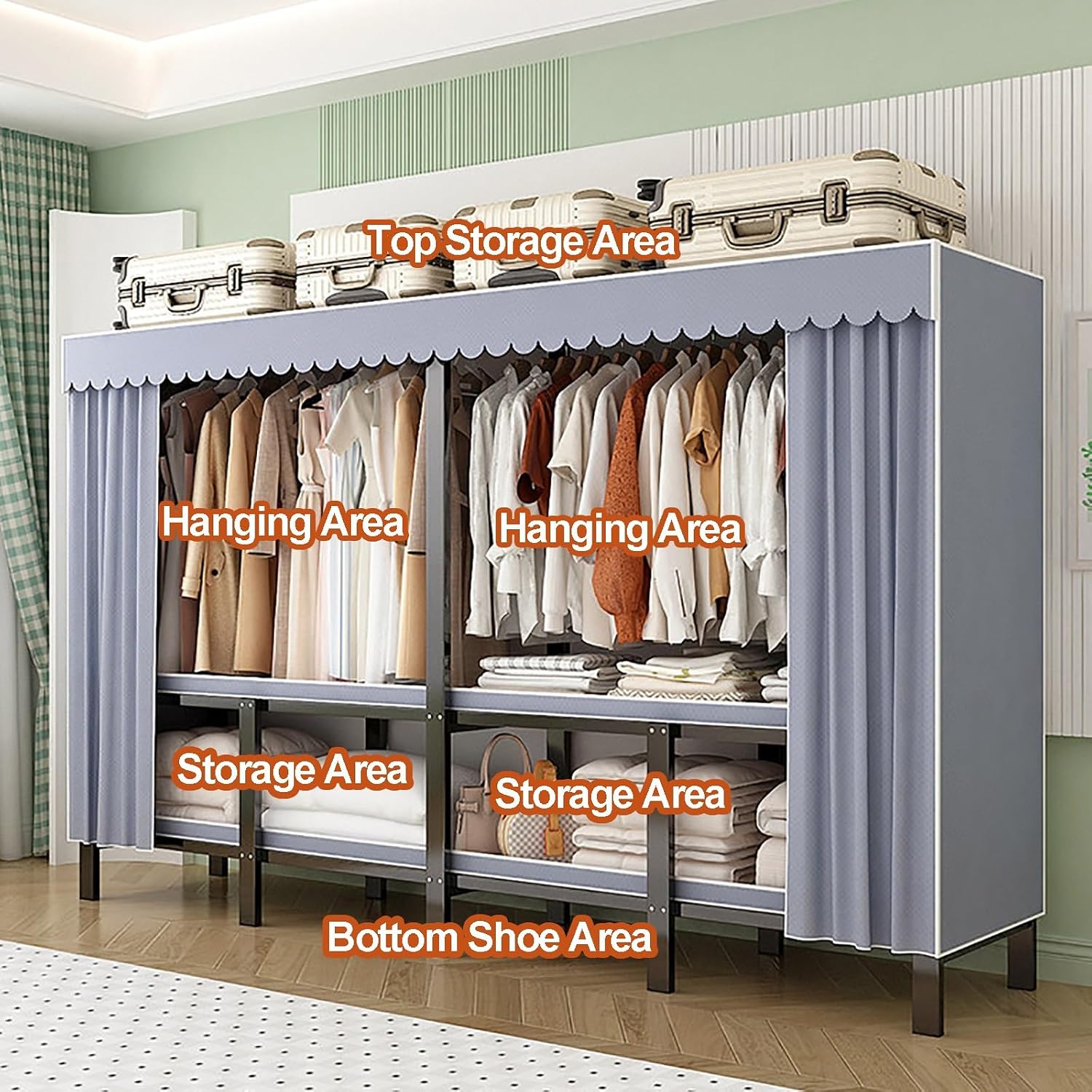 Foldable Closet Wardrobe, Garment Racks For Hanging Clothes, Heavy-Duty Clothe Rack With Cover, Metal Covered Clothing Rack, Freestanding Coat Armoire Storage(A,130cm)