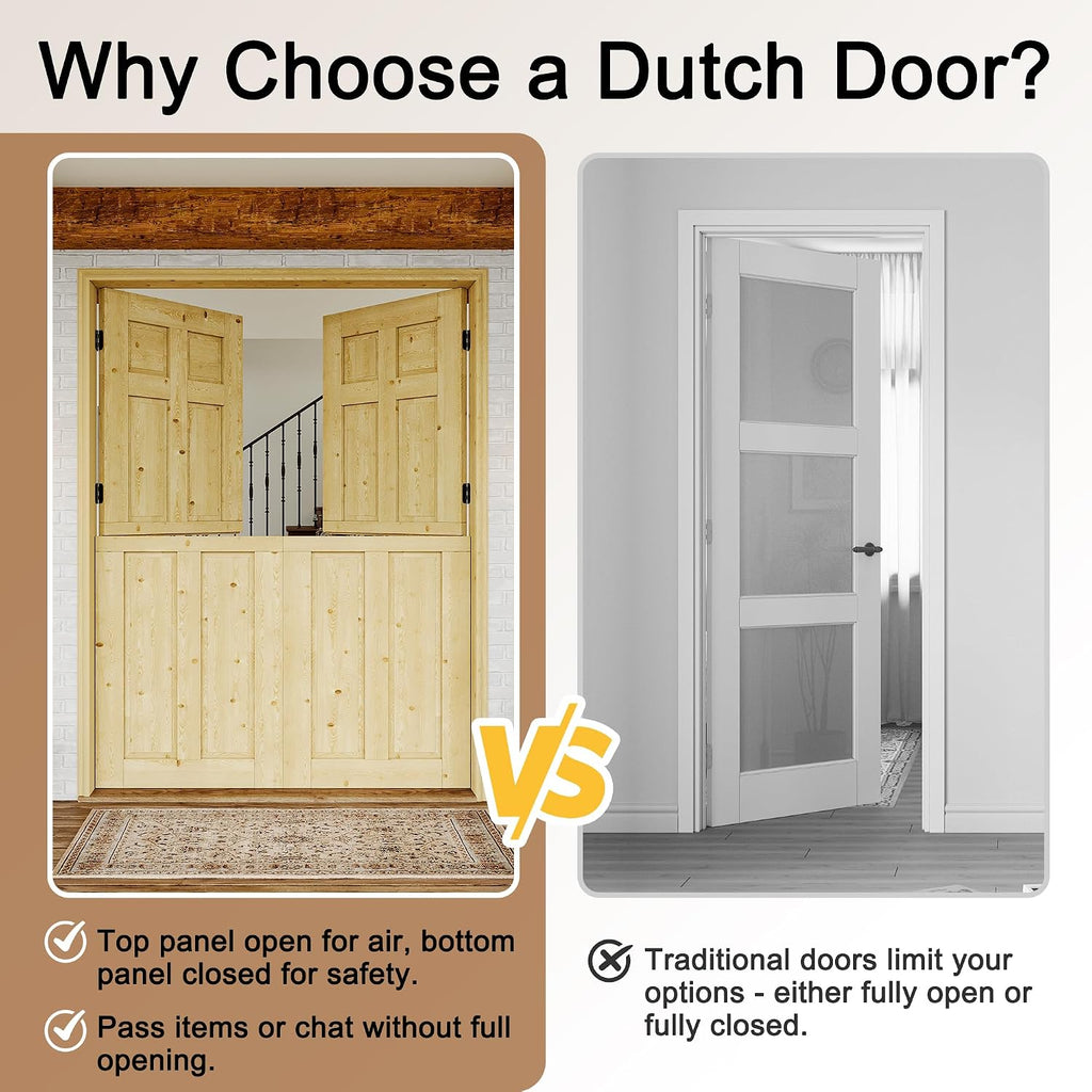 Interior & Exterior Double Dutch Door Slab,72' x 80', Universal 6 Lite Panel Split Single Doors, Solid Core Home Door, Natural Pine Wood - with 8 Black Hinges & 2 Latch, Without Jamb