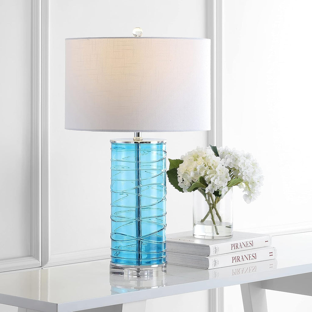 Eyely EYL4016A-SET2 Aria 27.5' Modern Fused Glass Cylinder LED Table Lamp for Reading Room, Living Room, Office, Bedroom, Transitional, Coastal, Glam, Turquoise (Set of 2)