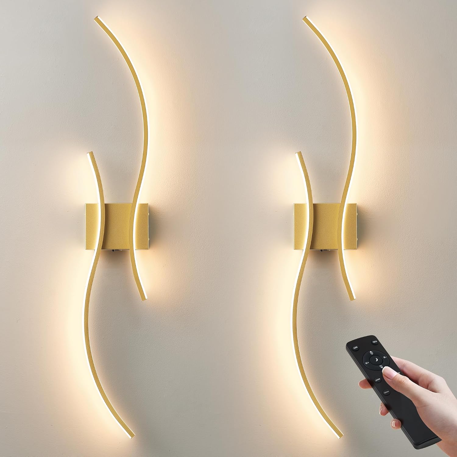 Battery Operated Wall Sconces Set of Two with Remote Control, Battery Wall Light, Stepless Colors 3000K-6000K & Dimming, Gold Rechargeable Wall Sconces for Living Room, Hallway, Bedroom, 39.3 Inch