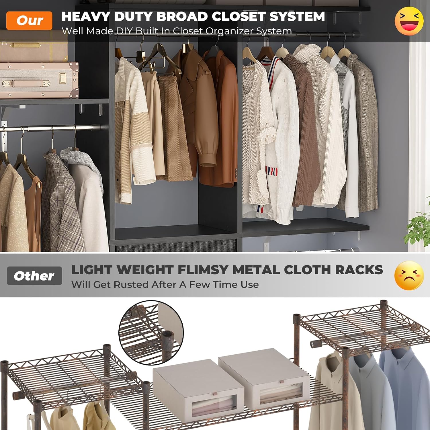 Armocity 5FT Small Closet System with 3 Fabric Drawers, 60 Inches Walk In Closet Organizer System With 3 Adjustable Shelves, Heavy Duty Clothes Rack Built-In Garment Rack, 59' L x 16' W x 71' H, Black