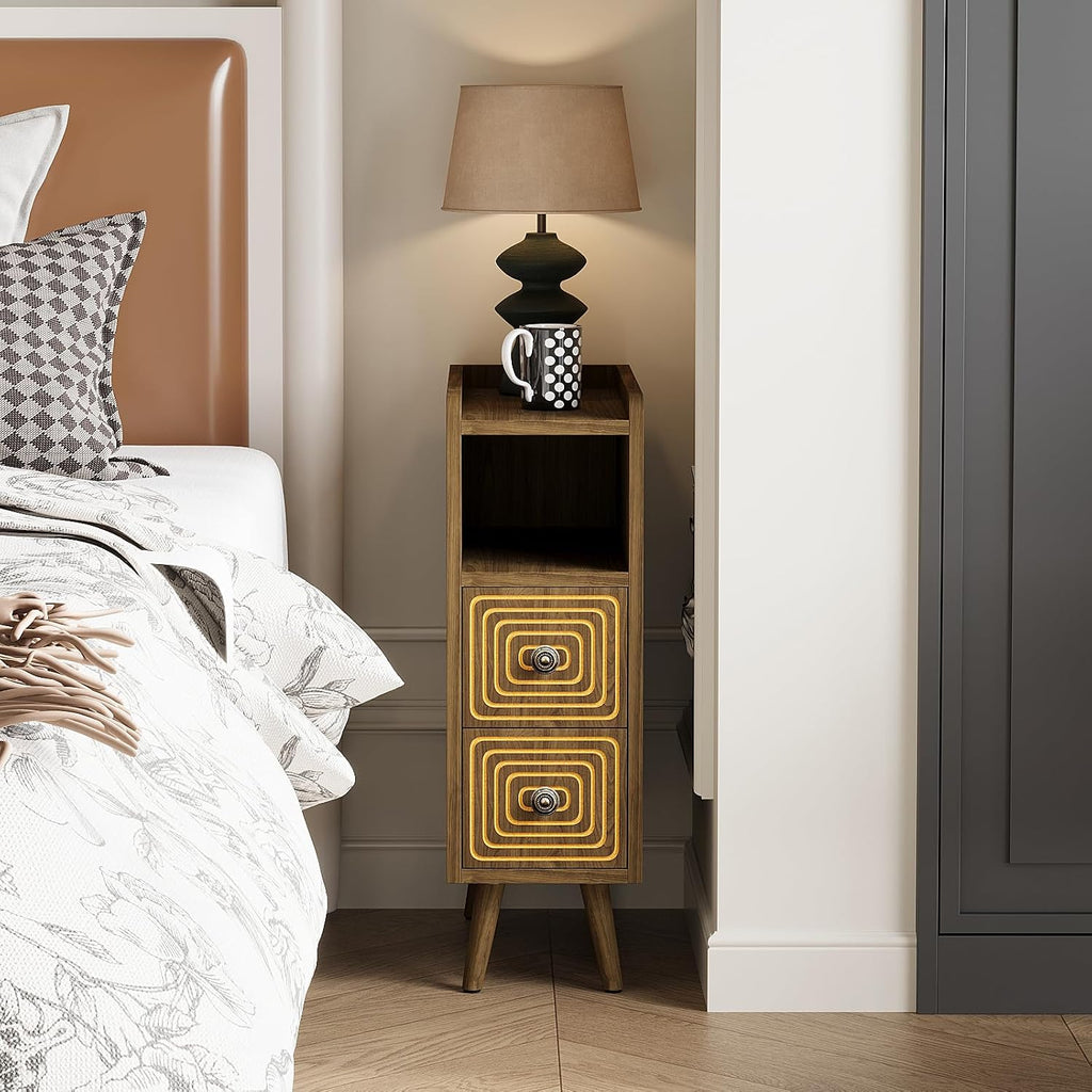 Nightstands Set of 2,Night Stand Bed Side Table with Storage Space,Wooden Bedside Table with Open Shelf,2 Drawers,End Table with Solid Wood Feet for Bedroom,College Dorm,Entryway (Walnut)