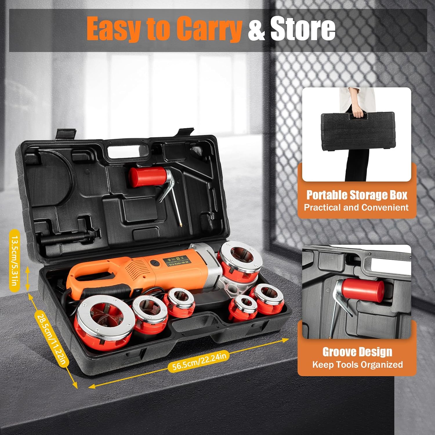 Electric Pipe Threader, 2300W Pipe Threading Machine Heavy-Duty Hand-Held Power Drive Kit Portable With 6 Dies 1/2-Inch to 2-Inch Pipe Threading Die Heads, Ratchet Pipe Threader Kit