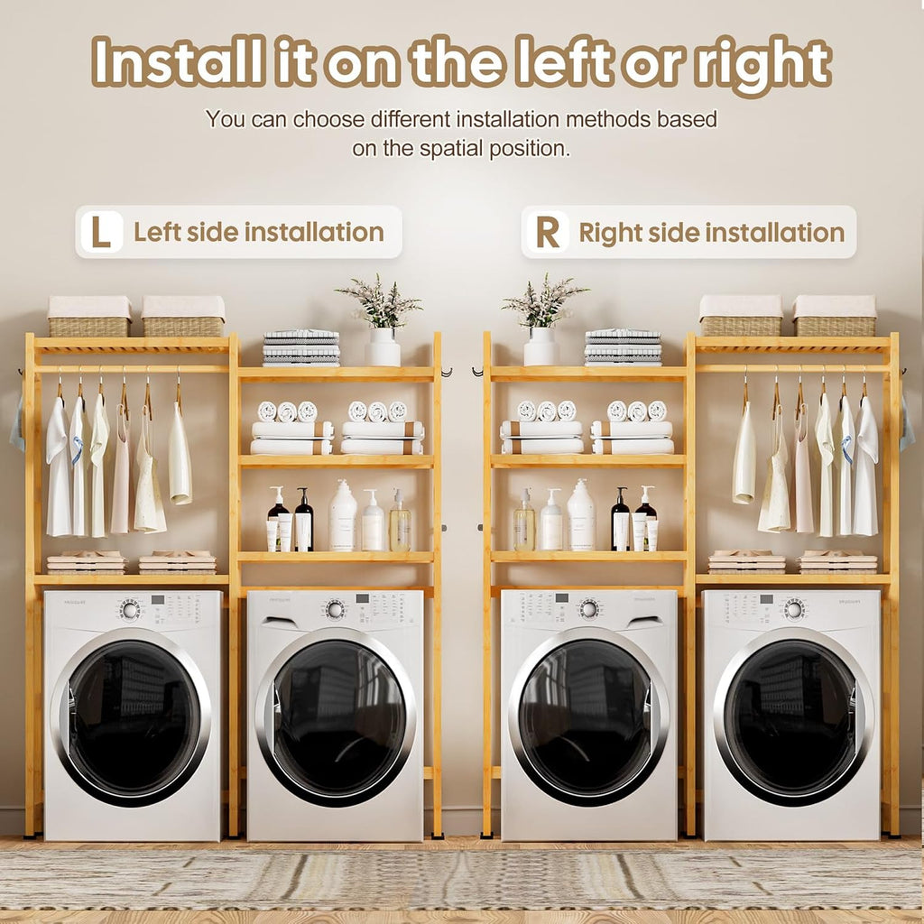 Cozivolife Over The Washer and Dryer Storage Shelf Bamboo,5 Tiers Laundry Room Drying Rack with Adjustable Shelves and 4 Hooks,Space Saver Organizer for Hanging Clothes and Towels (Natural)