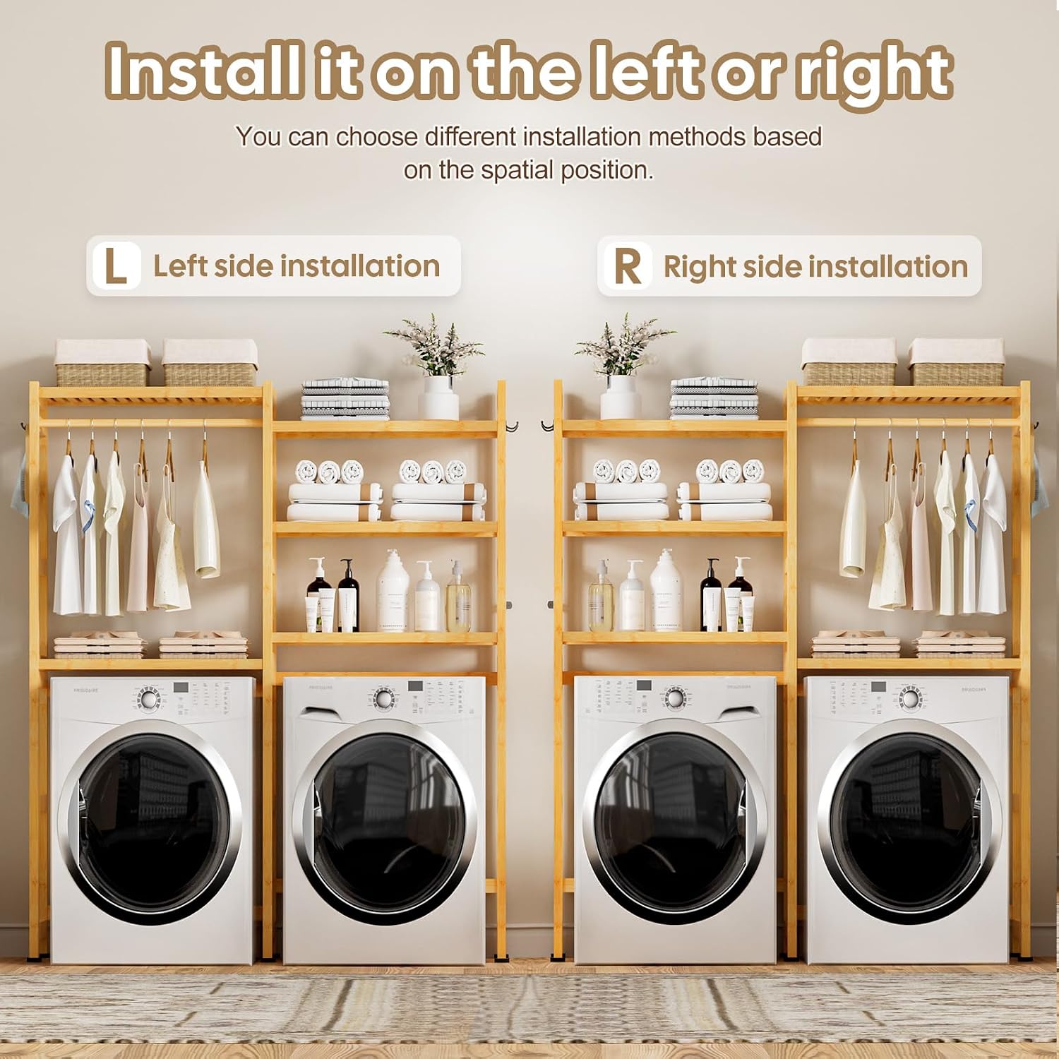 Cozivolife Over The Washer and Dryer Storage Shelf Bamboo,5 Tiers Laundry Room Drying Rack with Adjustable Shelves and 4 Hooks,Space Saver Organizer for Hanging Clothes and Towels (Natural)