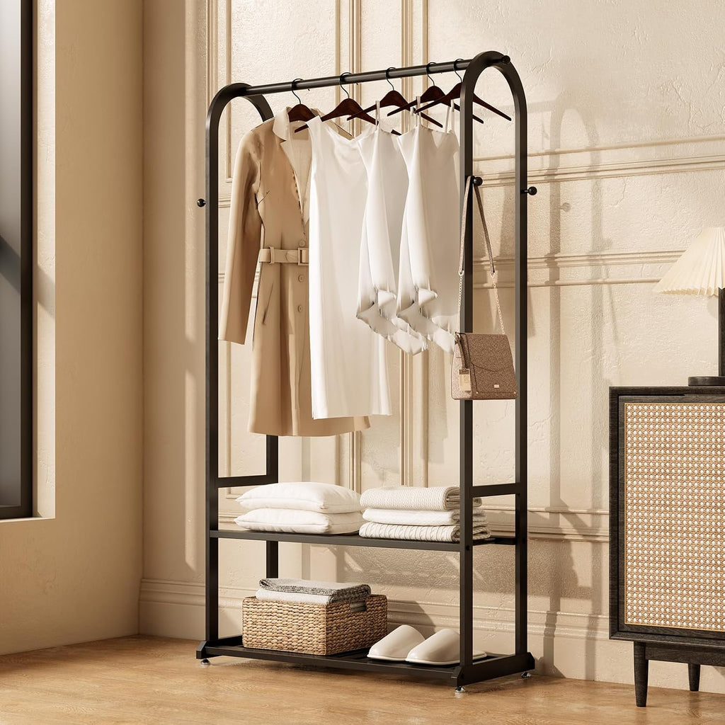 Sturdy metal clothes rack,Black freestanding clothing rack with bottom shelves and 6 side hooks,garment rack for hanging clothes,Wardrobe rack for Bedroom or cloakrooms