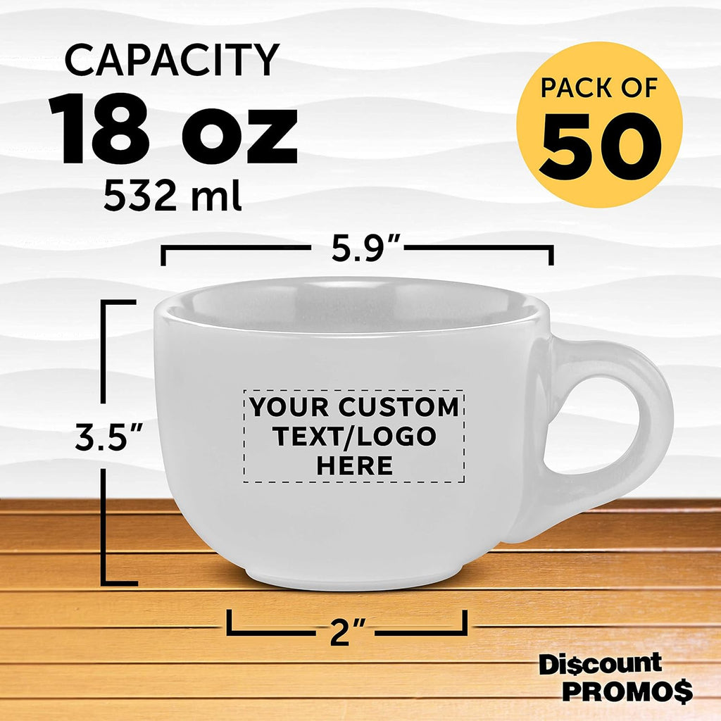 Custom Ceramic Cappuccino Mugs 18 oz. Set of 50, Personalized Bulk Pack - Perfect for Coffee, Tea, Espresso, Hot Cocoa, Other Beverages - White
