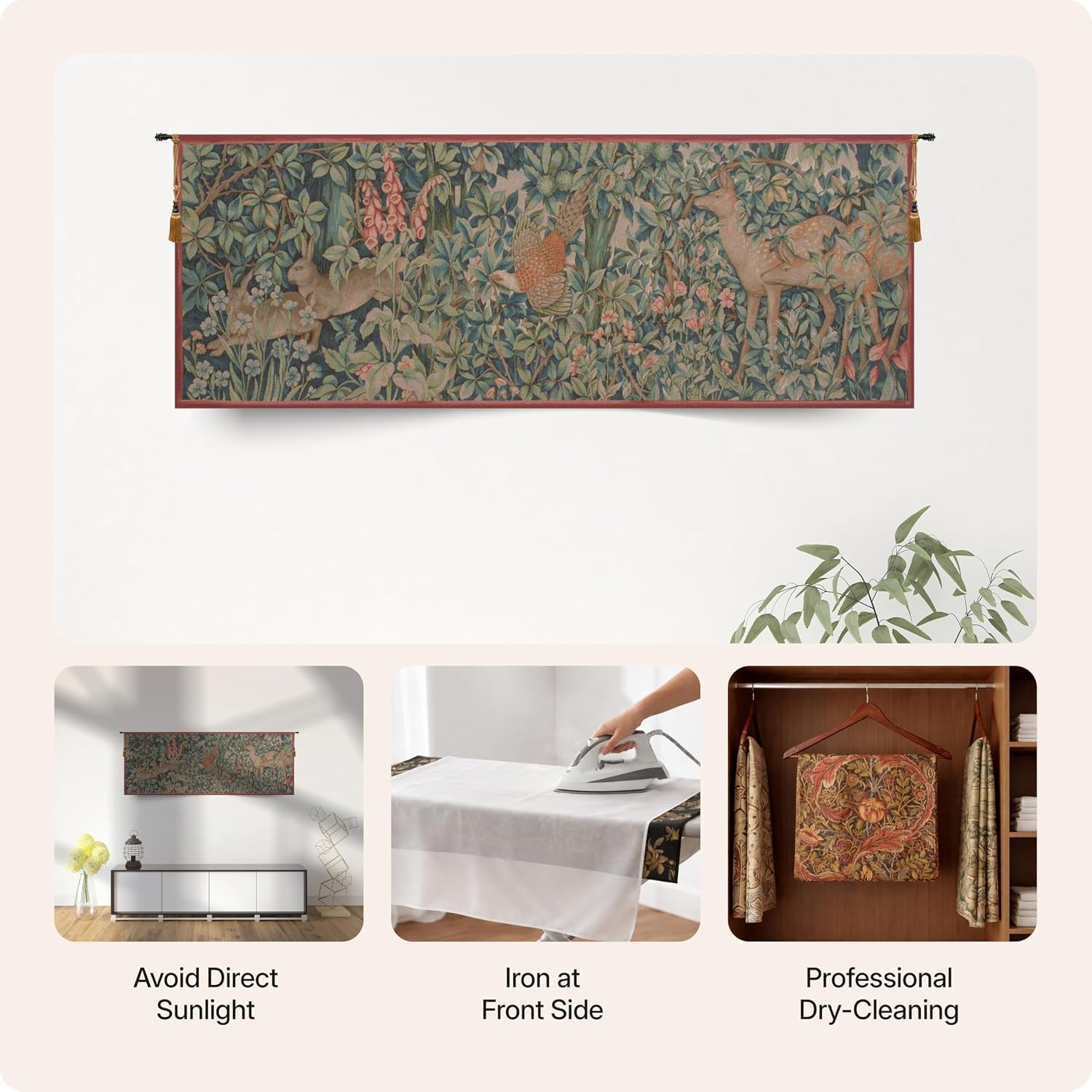 Charlotte Home Furnishings Inc French Boho Tapestry Wall Hanging 29 x 79 in, Rabbit, Pheasant, and Doe Aesthetic Woven Wall Art decor for Living Room Home Decor, European Cotton Jacquard Woven