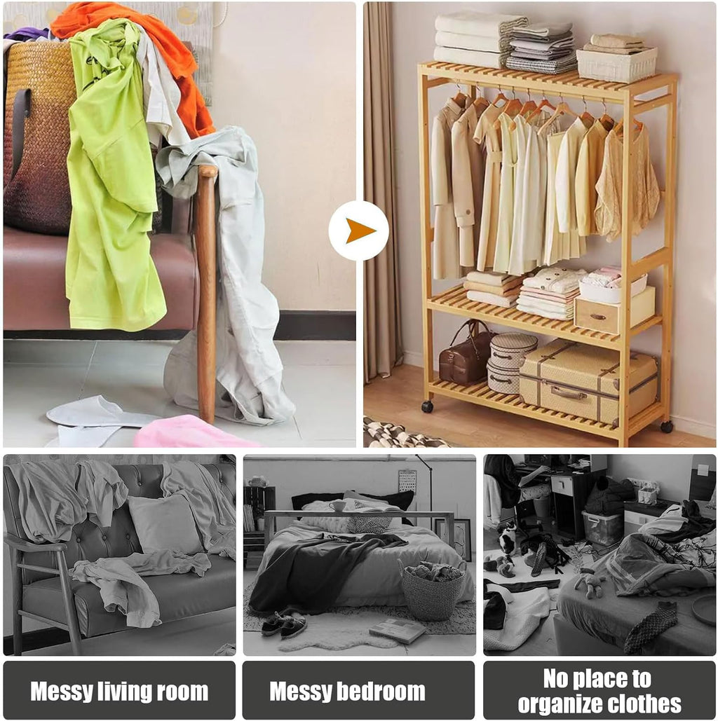 Bamboo Clothes Rack Clothing Hanging Garment Rack Stand Open Wardrobe Closet with 3 Tier Storage Shelves Organizer for Living Room Bedroom Entryway