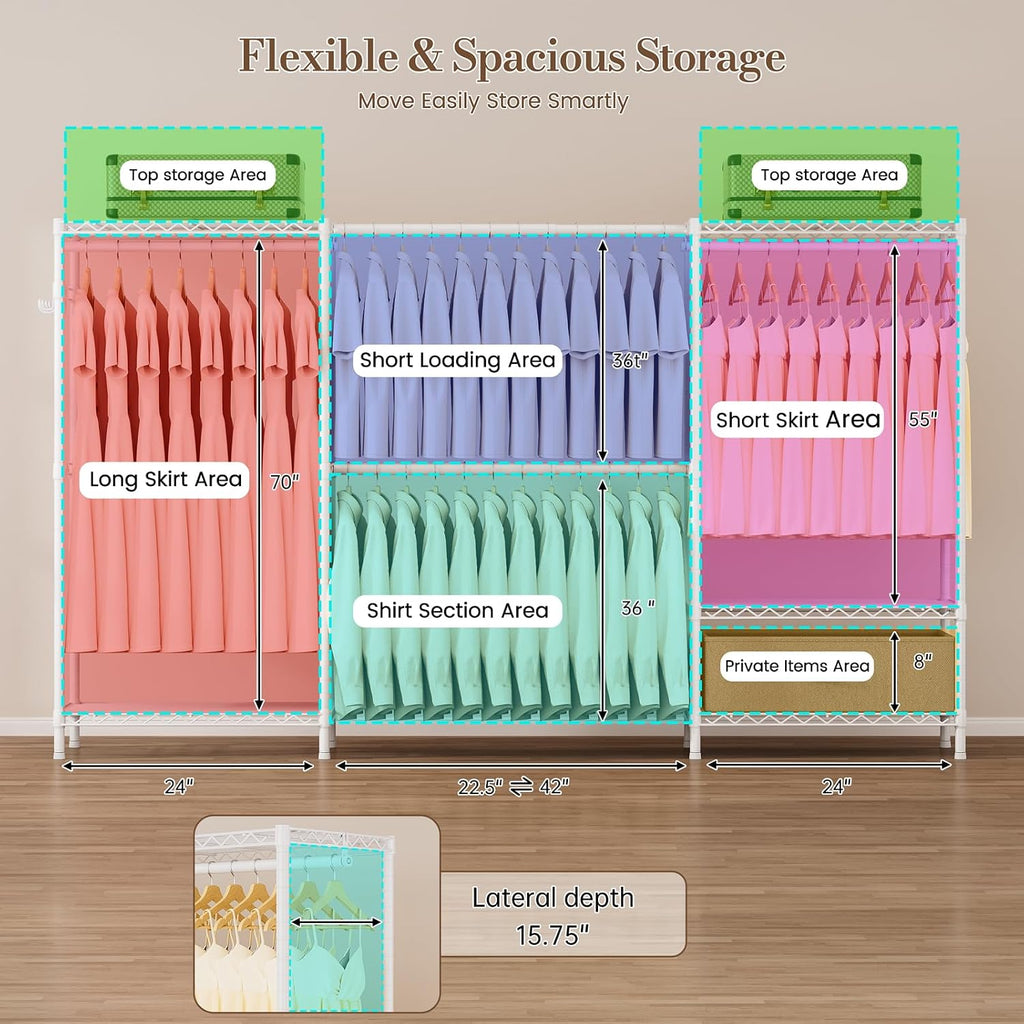 Golpart Coat Rack Clothes Wardrobe：Closet Organizer and Storage Clothing Garment Rack with Shelves Heavy Duty for Hanging Clothes Portable Adjustable White 15.8' DX(70-88)' WX76.5 H