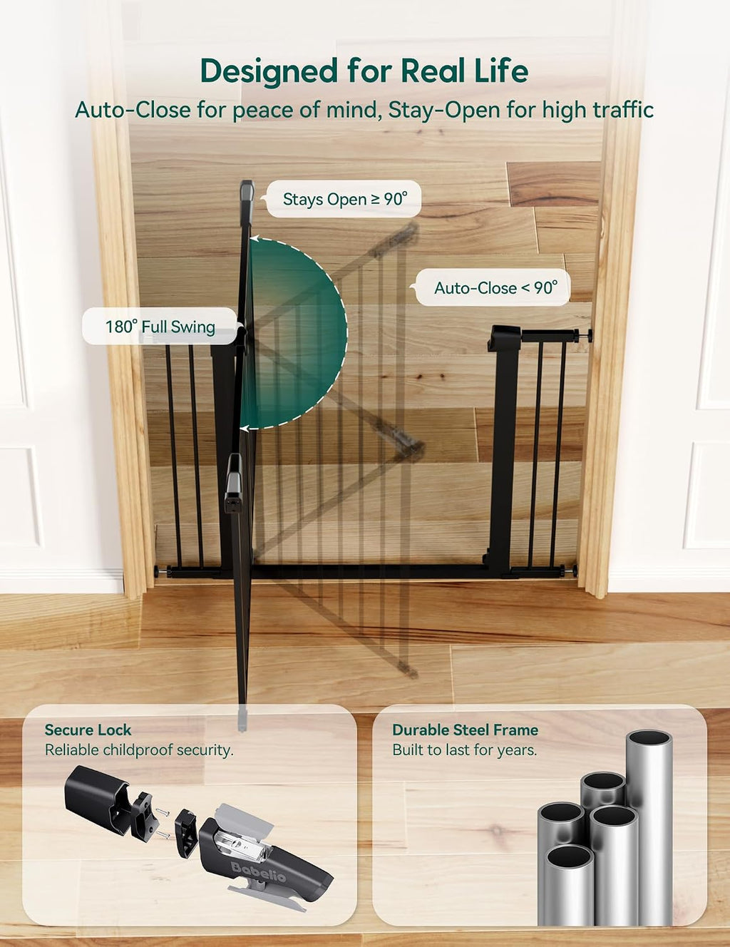 Babelio 36' Tall Baby Gate, PressGuard P7, 29-55' Auto Close Pressure Mounted Dog Gate for Doorways & Hallway, Basics Easy Walk Thru Pet Gate, Extra Wide Metal Child Gate, Black