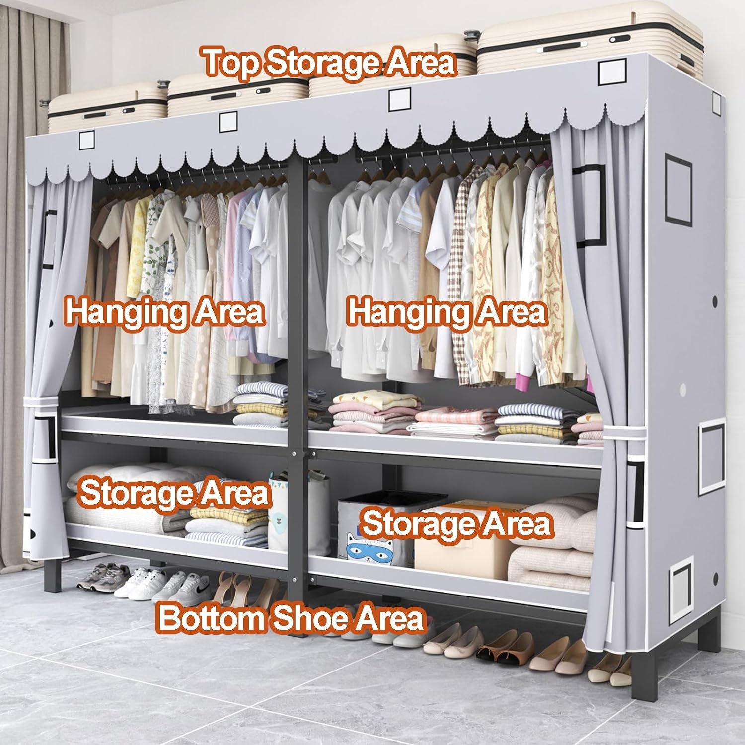 Foldable Portable Wardrobe Closet, Freestanding Clothing Rack, Metal Closet Organizer, Armoire Storage Garment Racks For Hanging Clothes, 30mm Thick Steel Tubes(B,192cm/75.6in)