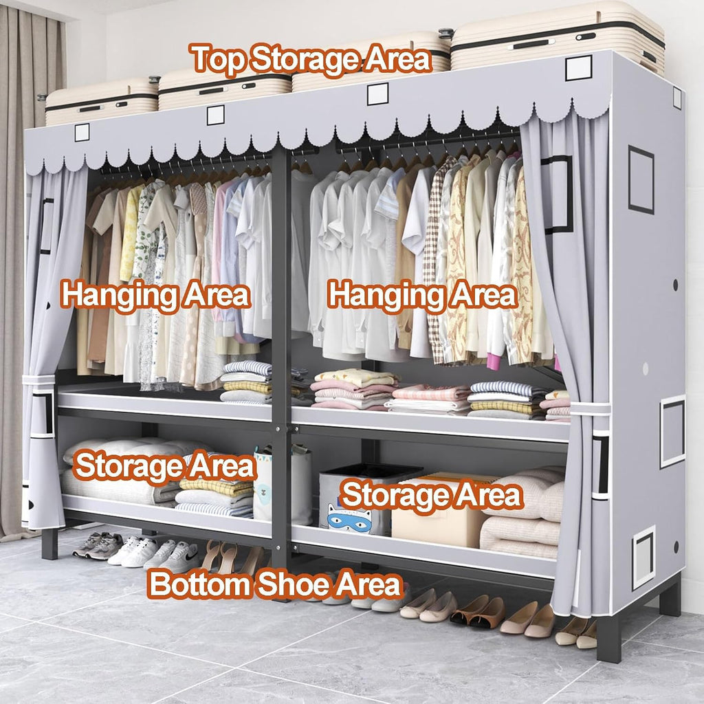 Foldable Portable Wardrobe Closet, Freestanding Clothing Rack, Metal Closet Organizer, Armoire Storage Garment Racks For Hanging Clothes, 30mm Thick Steel Tubes(D,170cm/66.9in)
