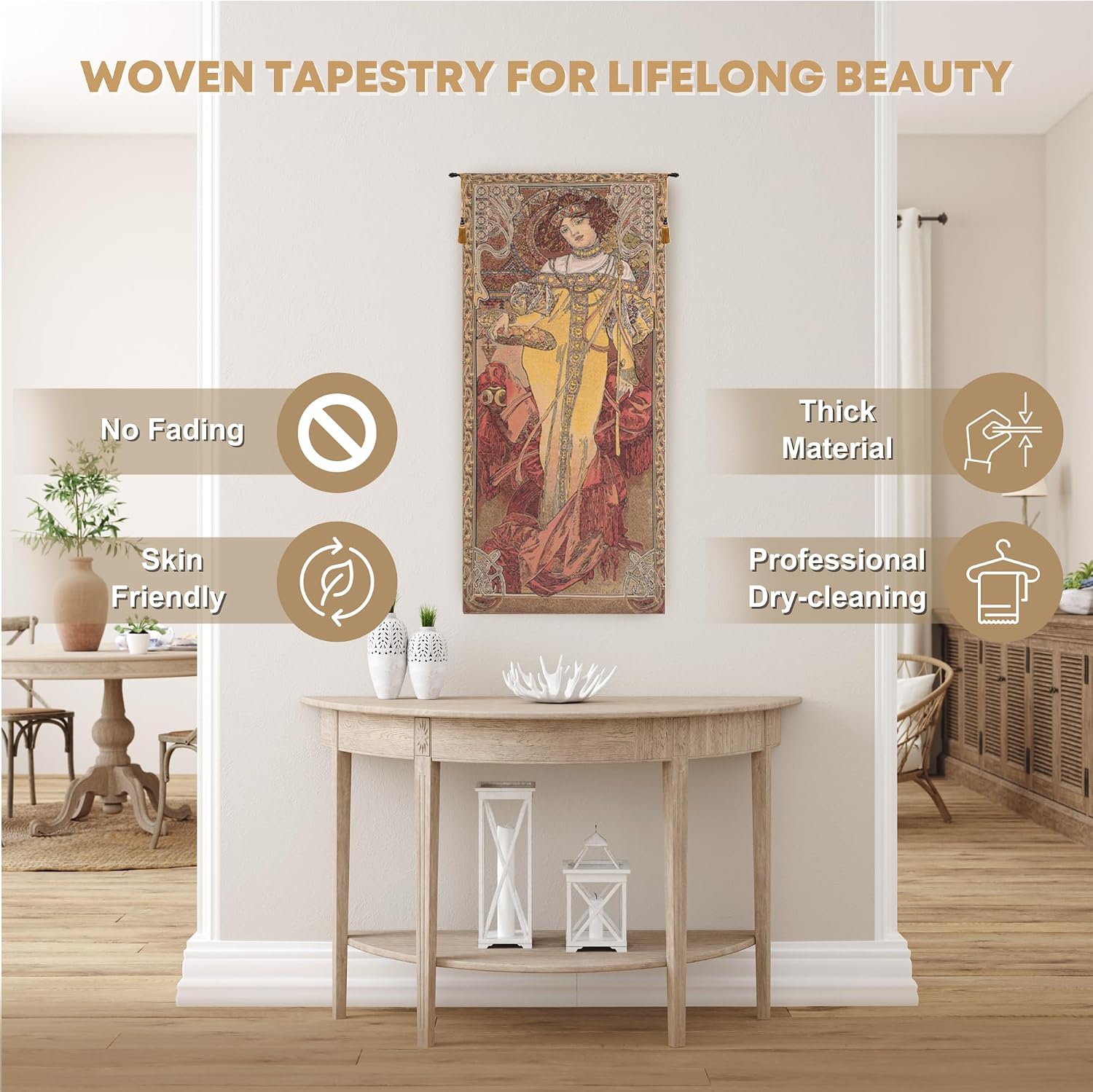 Charlotte Home Furnishings Inc - Mucha Autumn Belgian Premium Tapestry Wall Hanging | 60x26 in Viscose Polyester Blend Boho Vintage Woven Wall Tapestry for Home & Wall Art by Alphonse Mucha